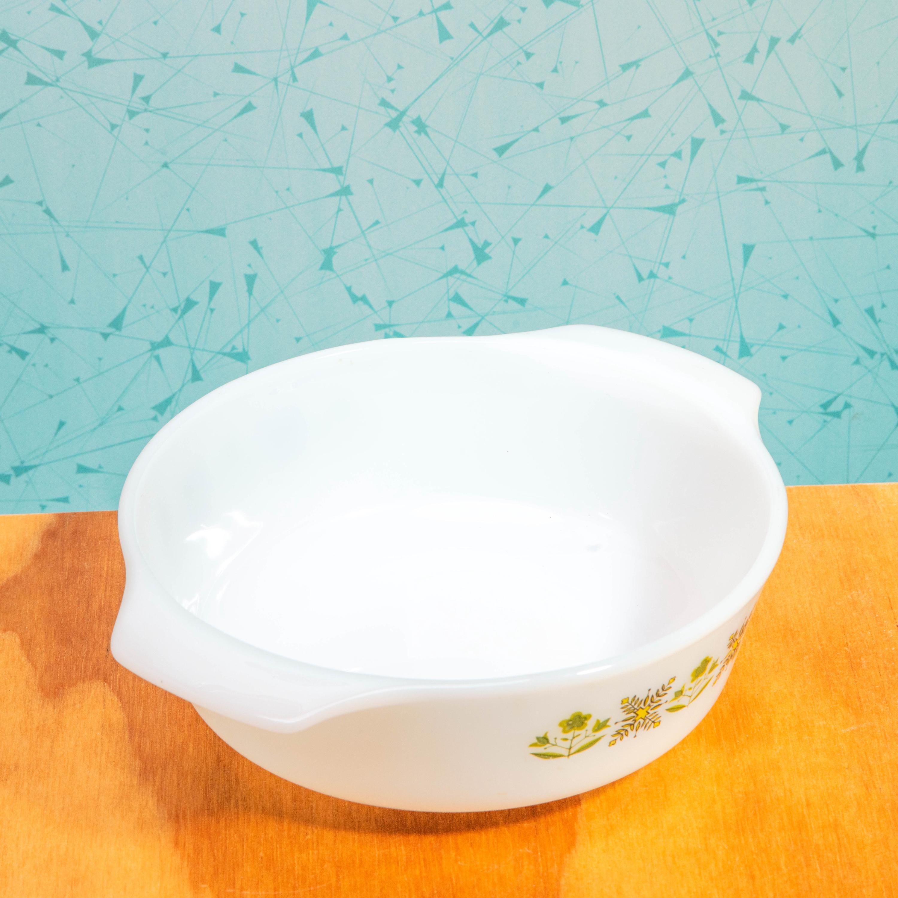 Vintage Anchor Hocking Fire King 436 1-Quart Milk Glass Meadow Green Pattern Baking Dish | Mid Century Bakeware