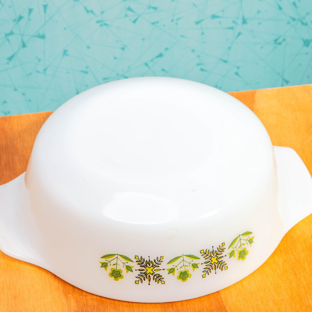 Vintage Anchor Hocking Fire King 436 1-Quart Milk Glass Meadow Green Pattern Baking Dish | Mid Century Bakeware