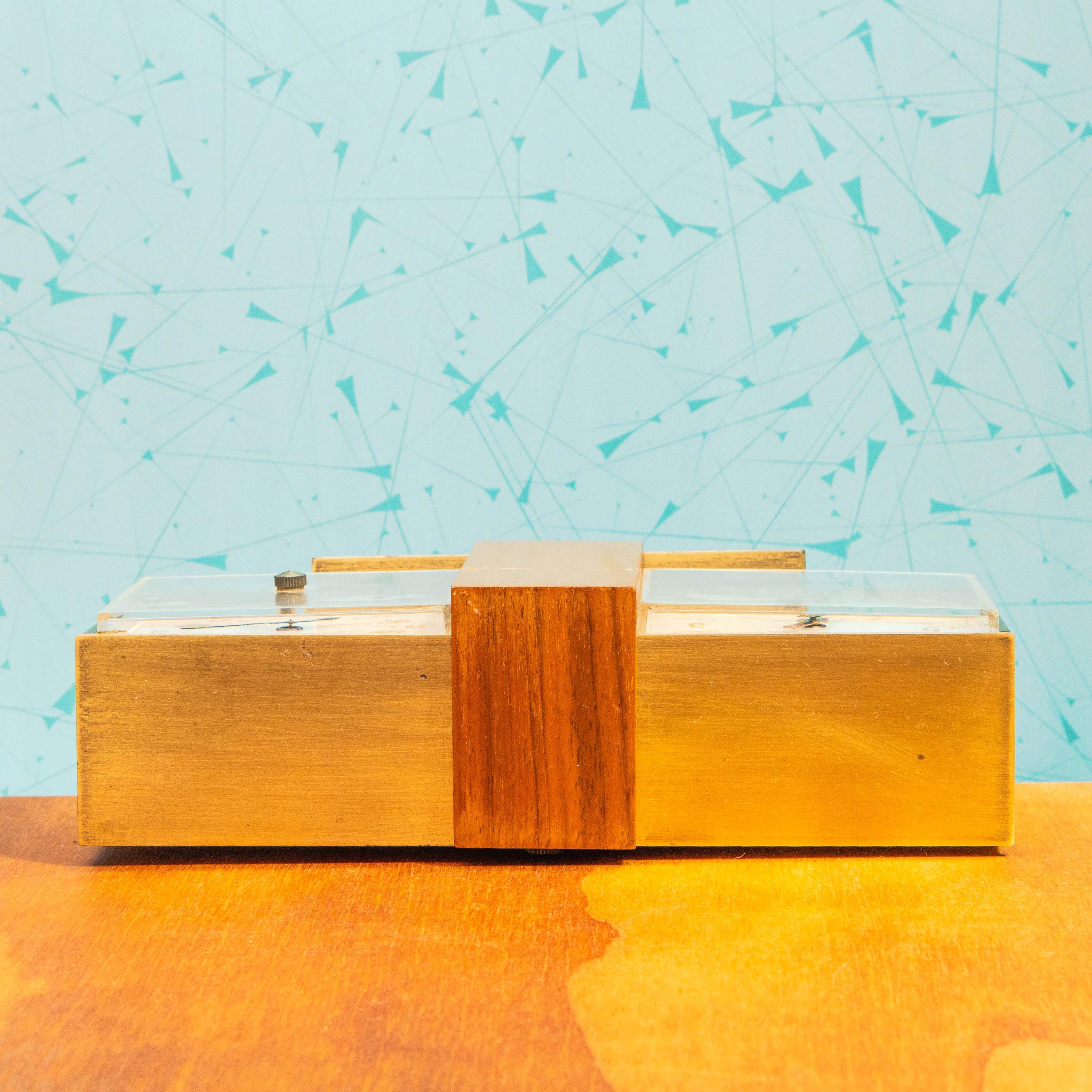 Vintage Phinney-Walker Brass and Wood Desktop Dual Clock and Barometer | Mid Century MCM