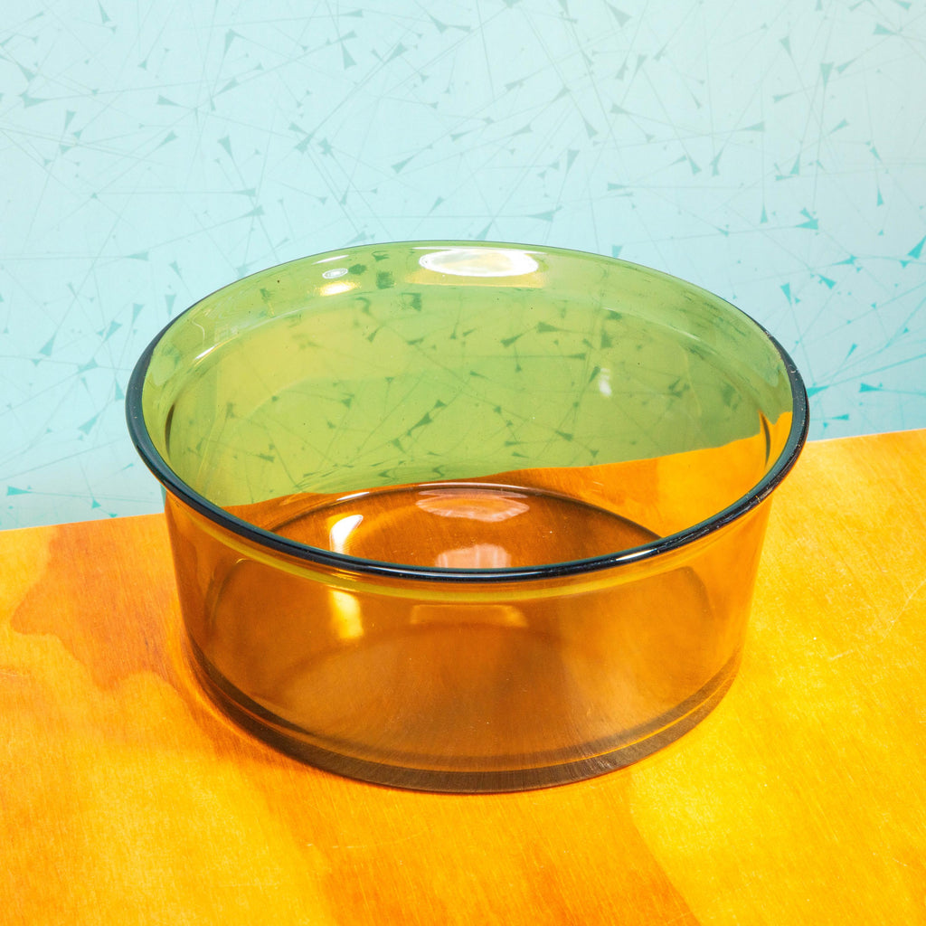 Vintage Arcopal France 8.5 Inch Amber Glass Bowl | Mid Century Bakeware