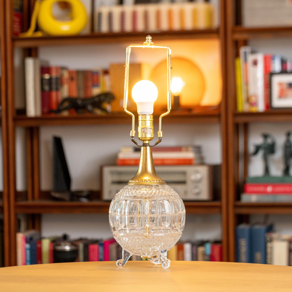 Vintage Crystal 3-Legged Lamp Brass and Glass with Harp and Finial | Mid Century