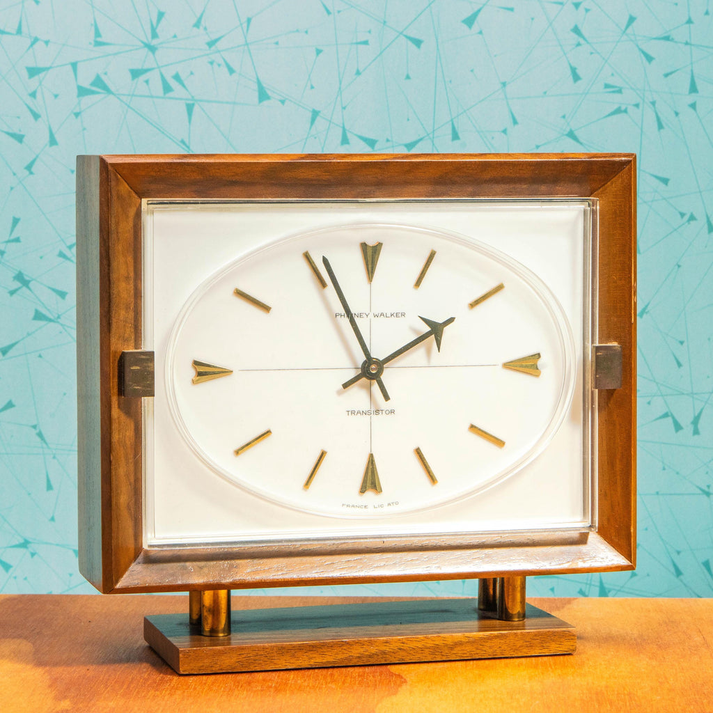 Vintage Phinney-Walker Wooden Desktop Clock with Brass Accents | Mid Century MCM