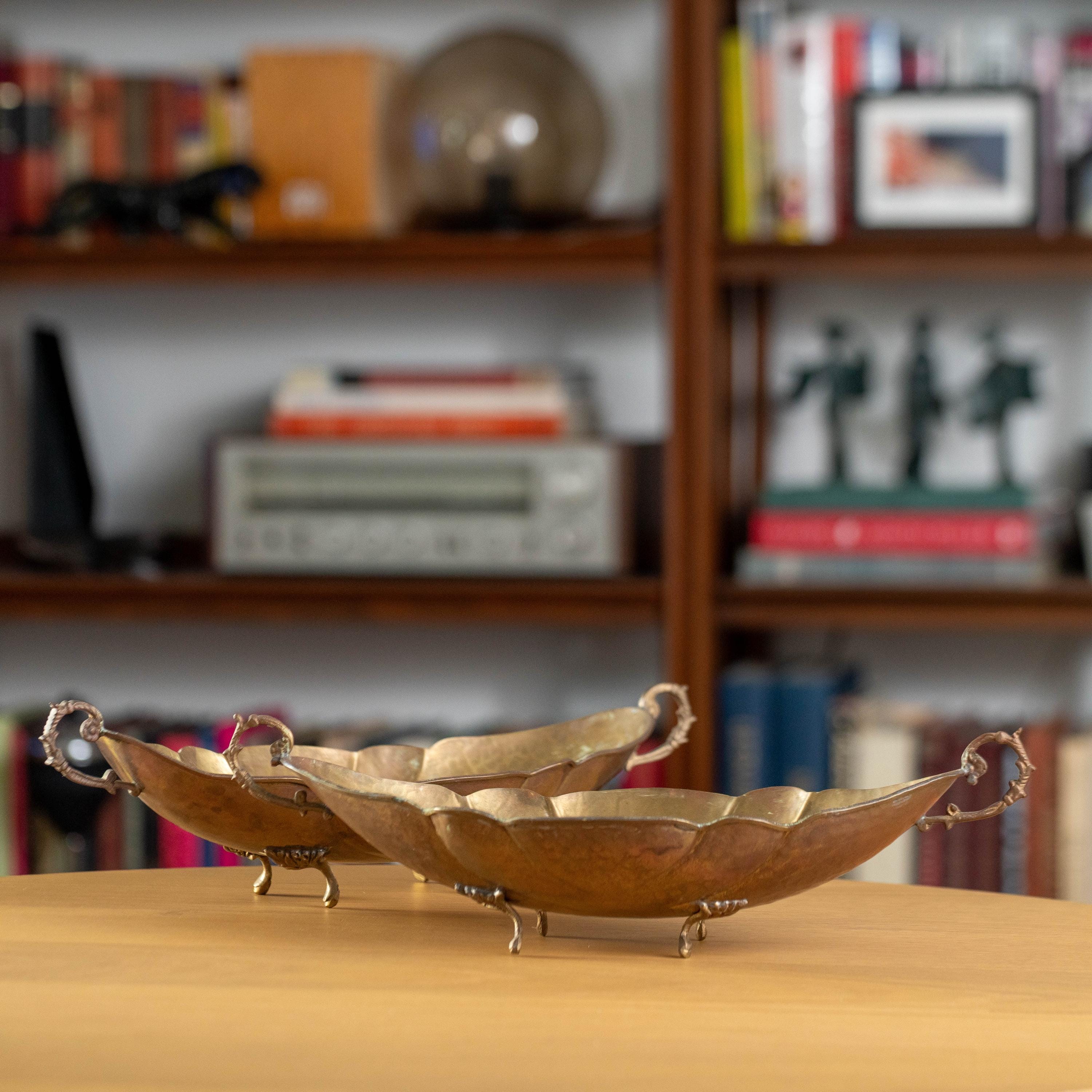 Set of Two Vintage Brass and Copper Decorative Metal Bowl Tray Catchalls | Mid Century Decor