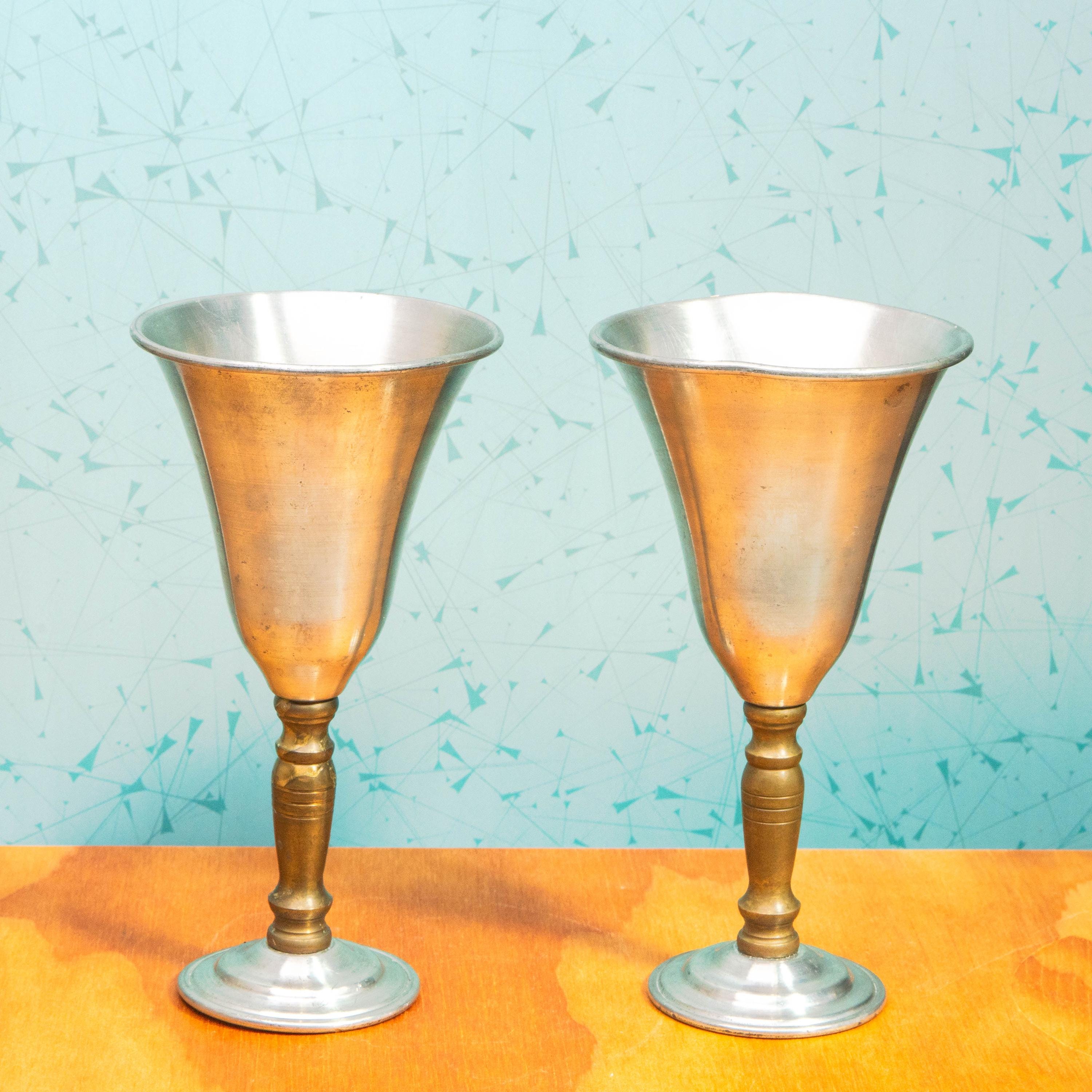 Vintage Pair of Hand Spun Brass and Pewter Wine Goblets by Jack Davis