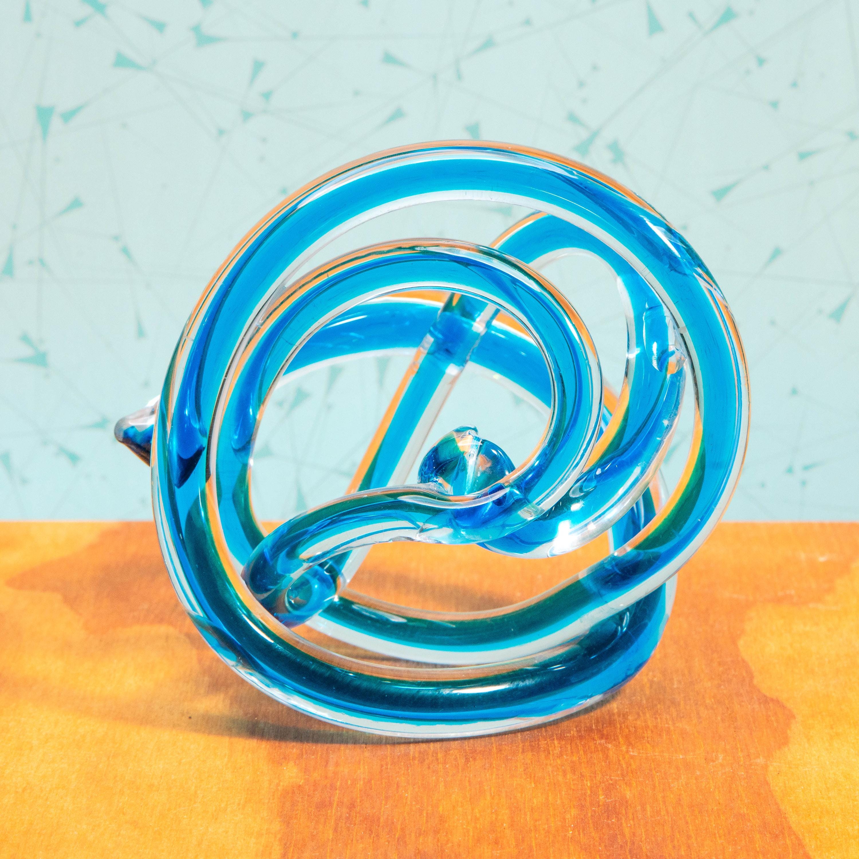 A Vintage Hand-Blown Art Glass Blue Murano Style Infinity Knot Sculpture | Mid Century Decor