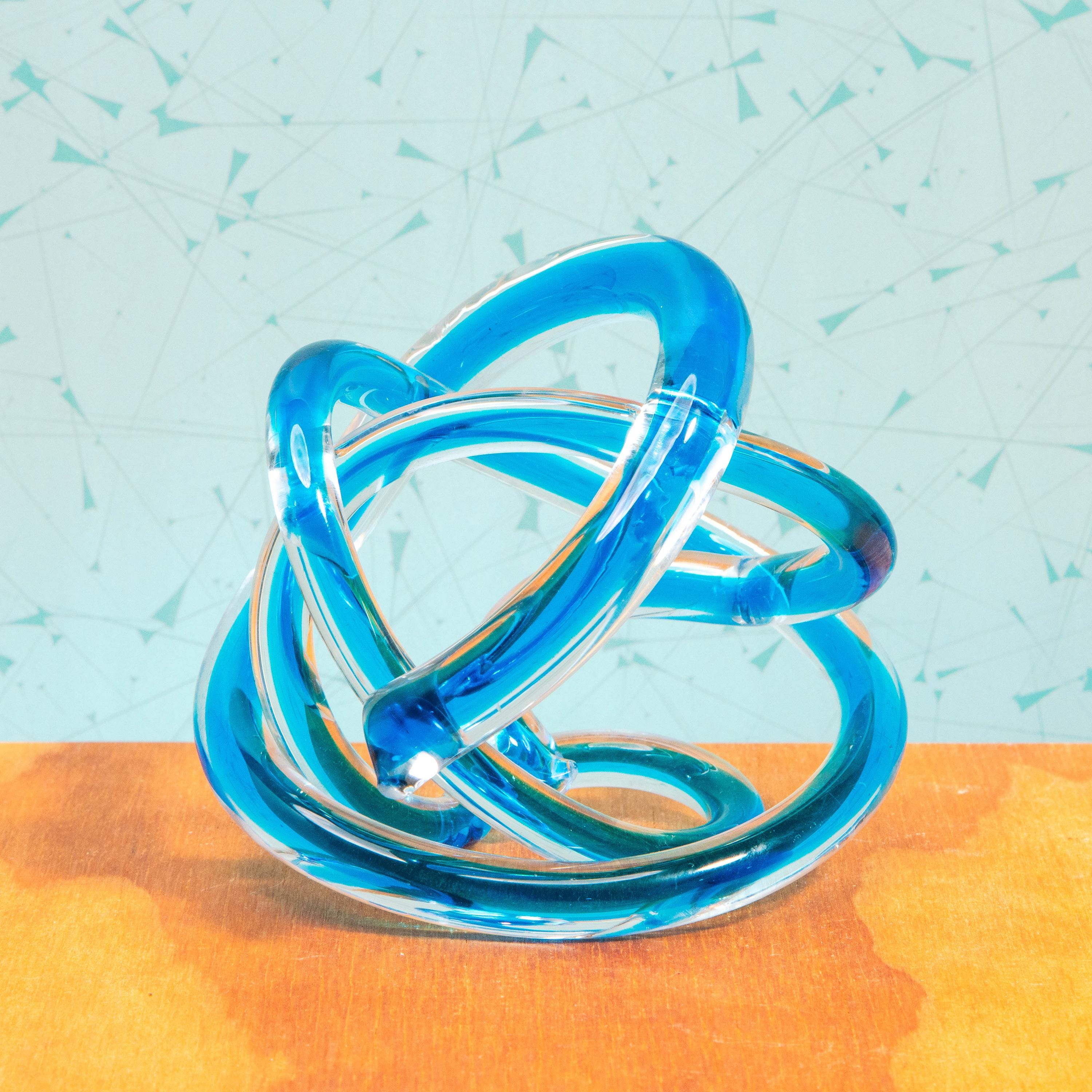 A Vintage Hand-Blown Art Glass Blue Murano Style Infinity Knot Sculpture | Mid Century Decor