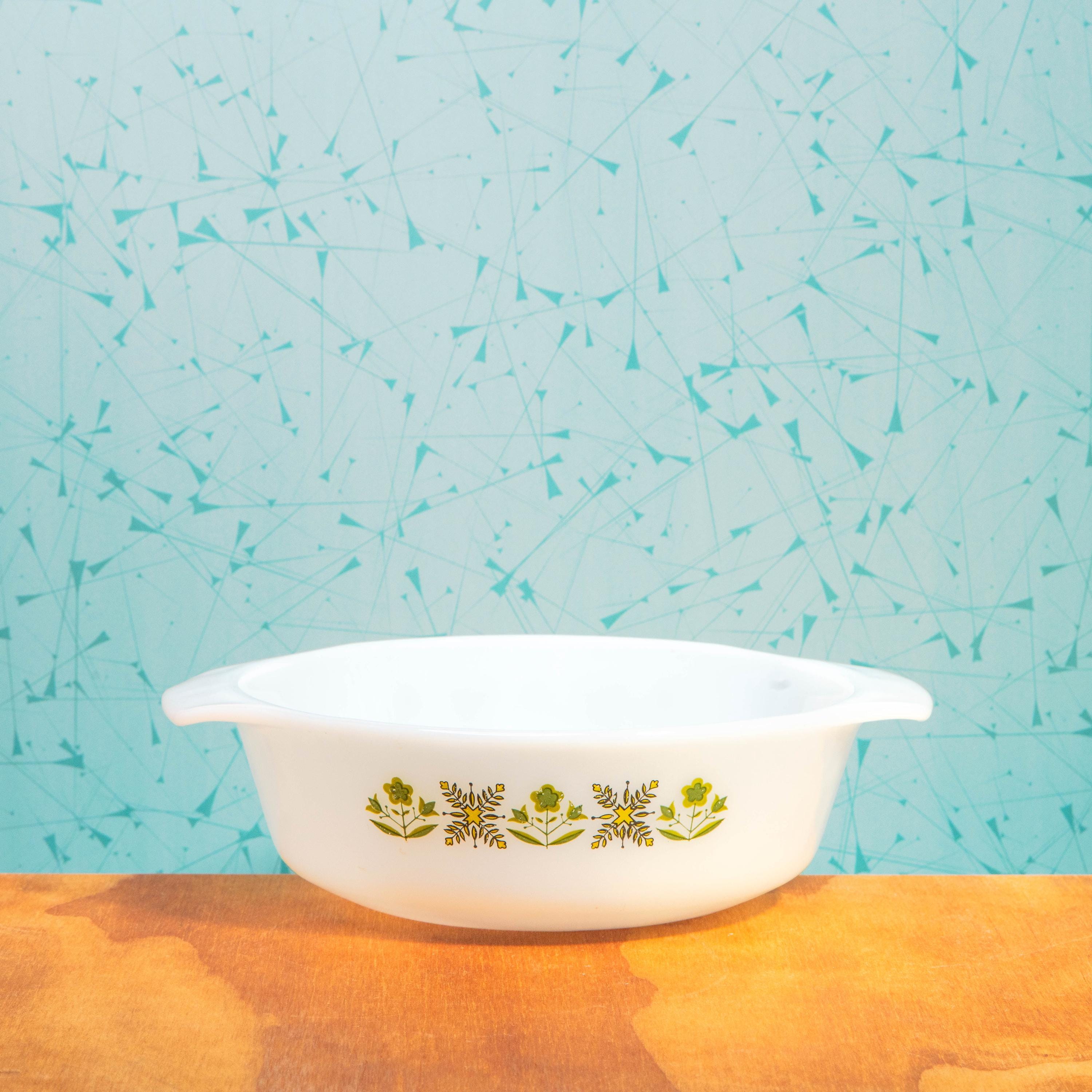Vintage Anchor Hocking Fire King 436 1-Quart Milk Glass Meadow Green Pattern Baking Dish | Mid Century Bakeware