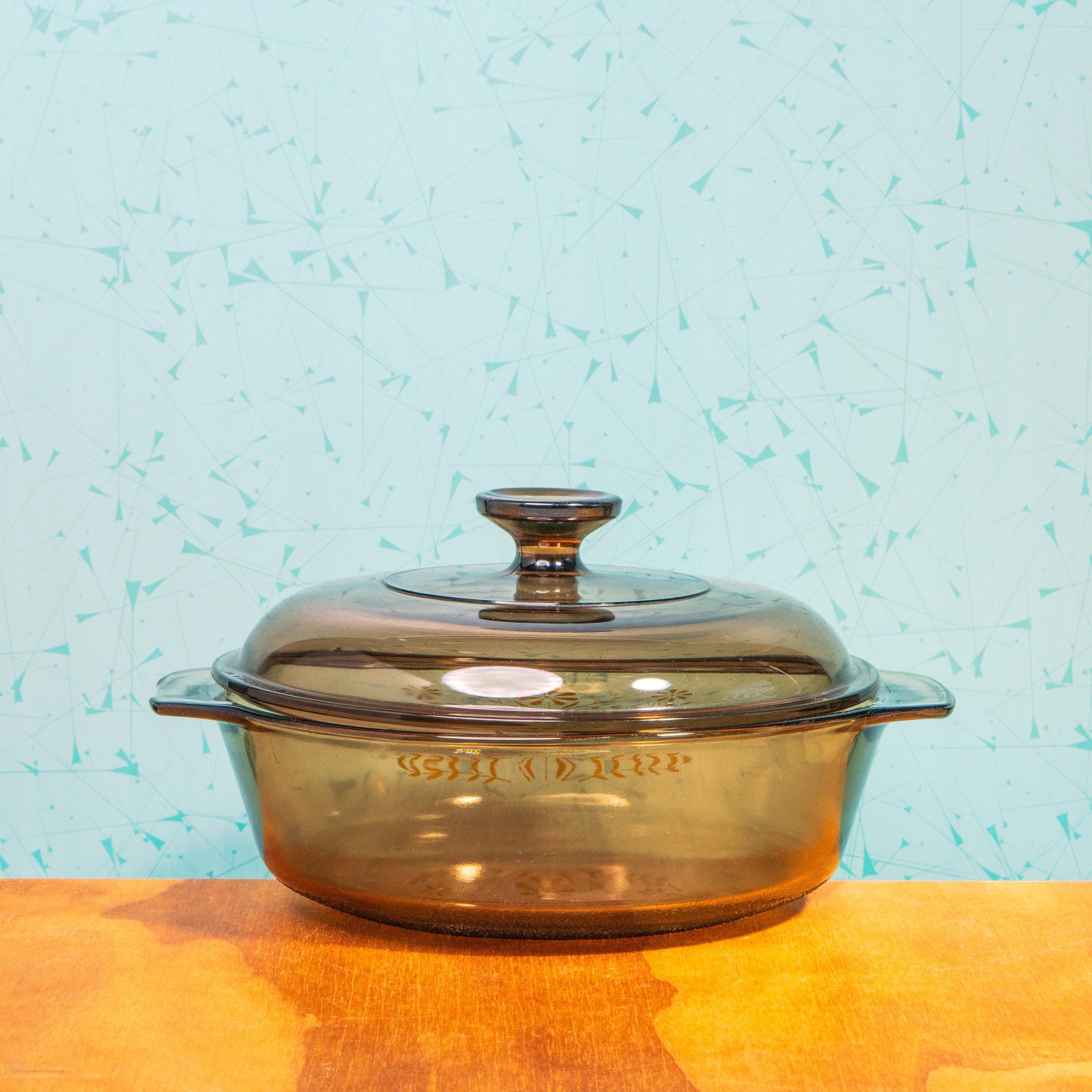 Vintage Glasbake Amber Glass Bowl with Floral Pattern and Pyrex V 2.5 C Lid | Mid Century Bakeware