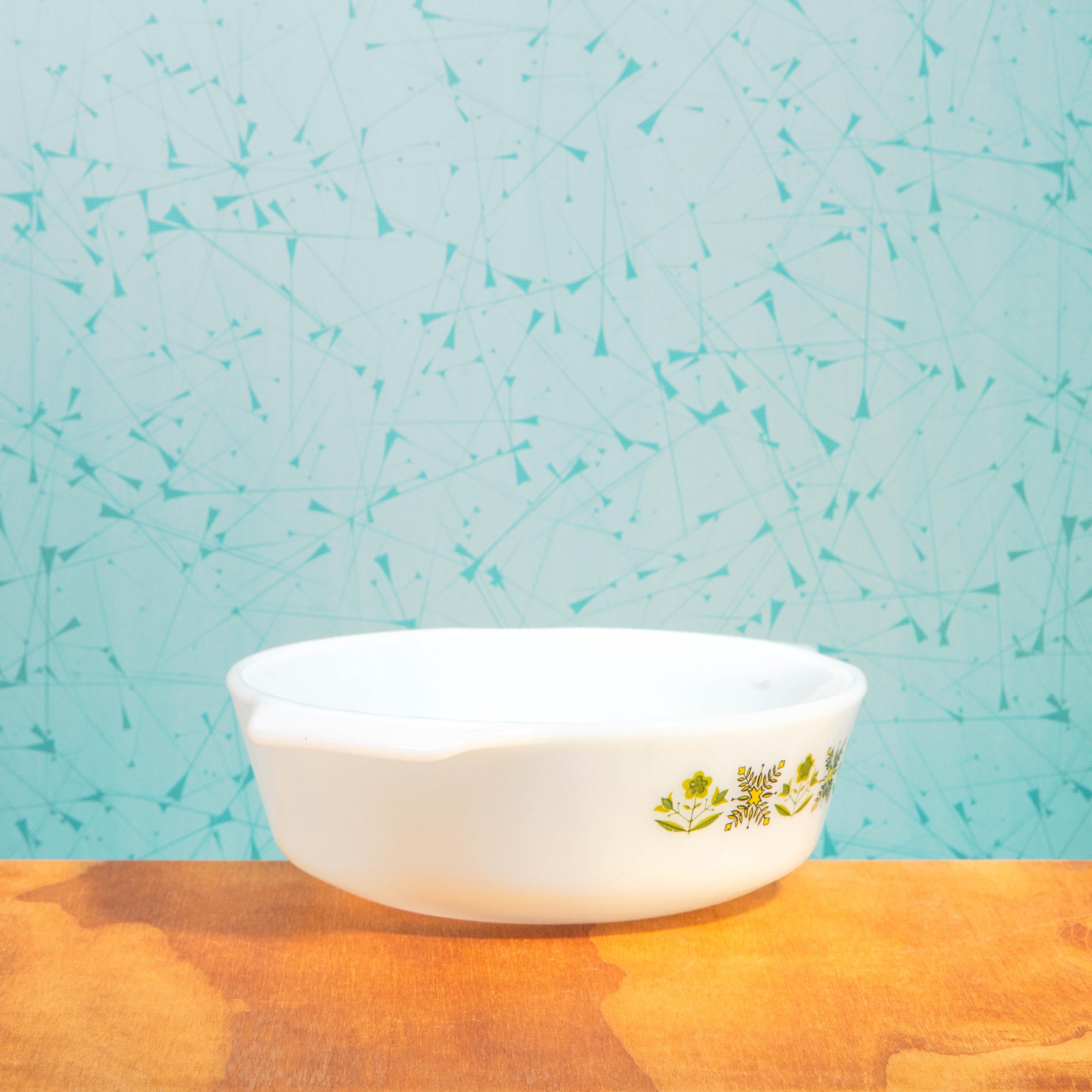 Vintage Anchor Hocking Fire King 436 1-Quart Milk Glass Meadow Green Pattern Baking Dish | Mid Century Bakeware