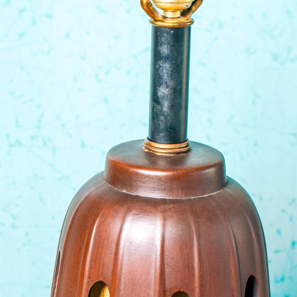 Vintage Honi Chilo Style Ceramic Wood with Inner Shade Dual-Bulb Brass Base and Accent Table Lamp | Mid Century