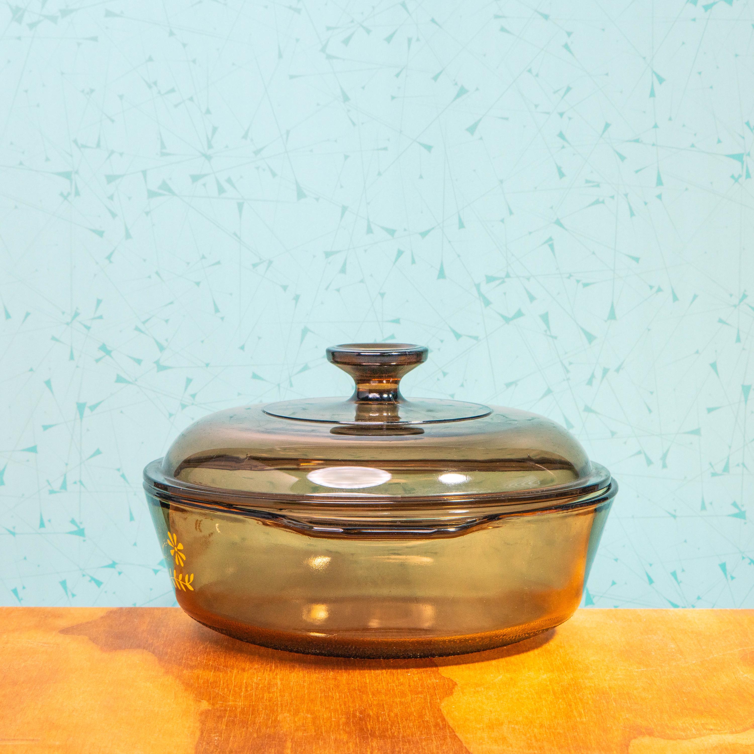 Vintage Glasbake Amber Glass Bowl with Floral Pattern and Pyrex V 2.5 C Lid | Mid Century Bakeware