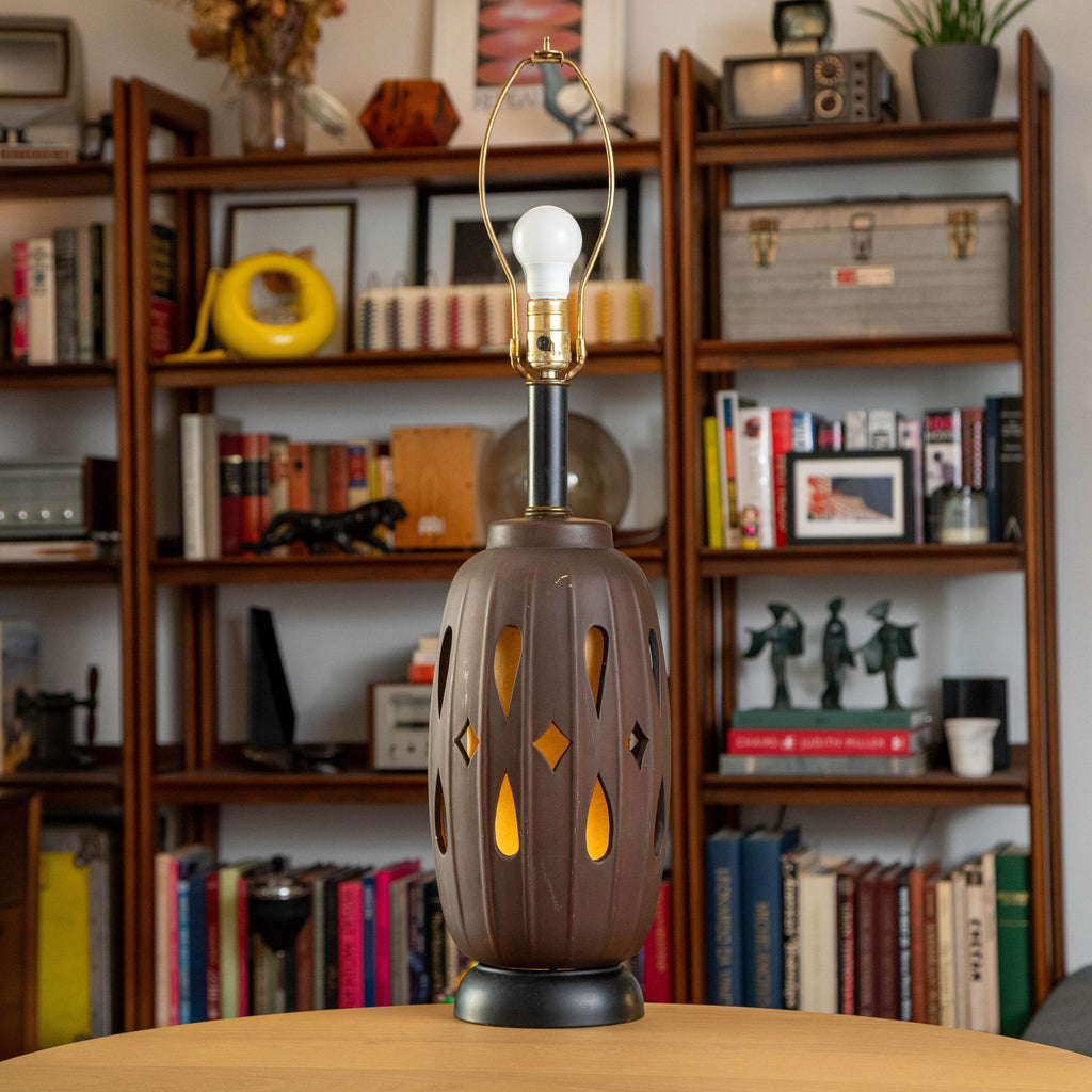 Vintage Honi Chilo Style Ceramic Wood with Inner Shade Dual-Bulb Brass Base and Accent Table Lamp | Mid Century