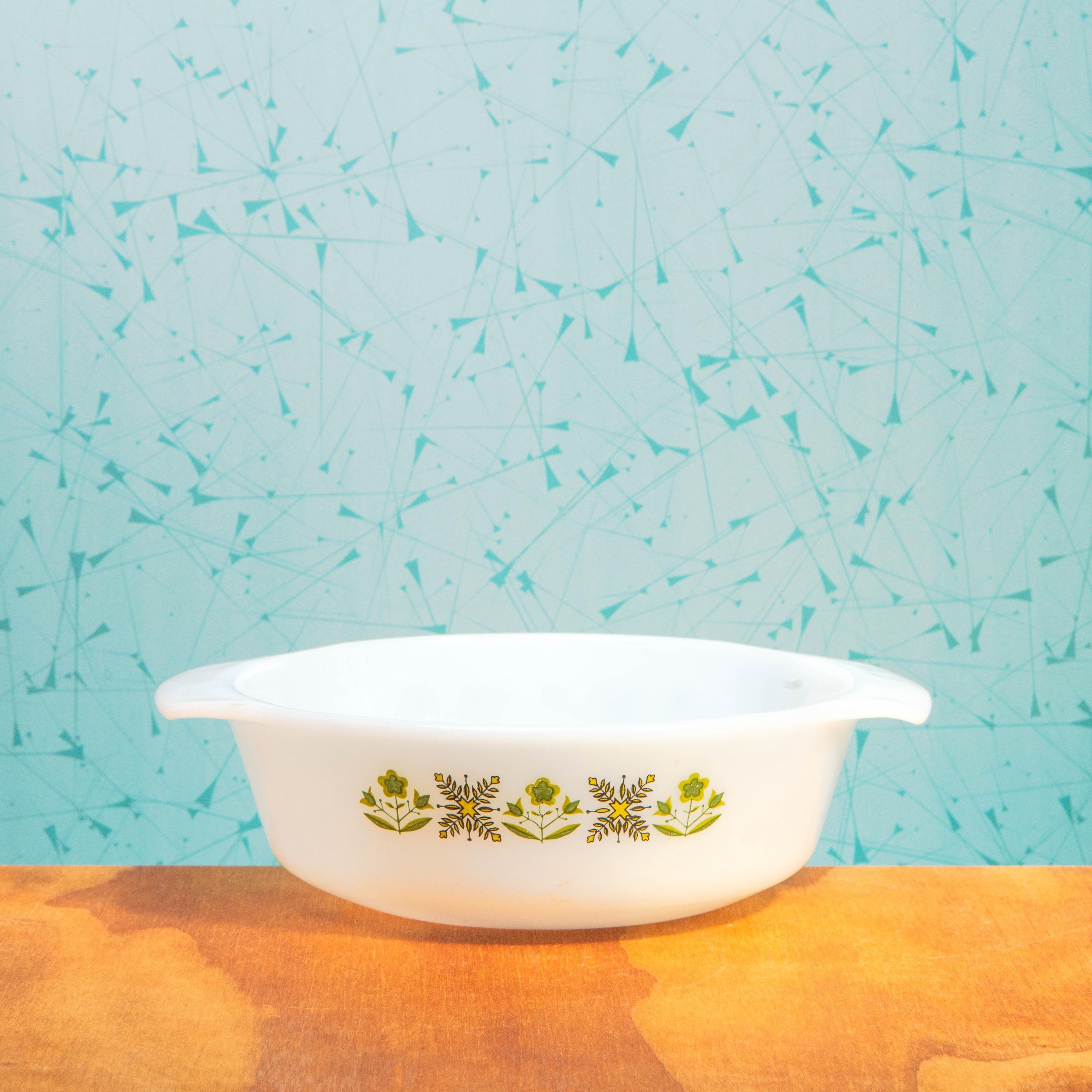 Vintage Anchor Hocking Fire King 436 1-Quart Milk Glass Meadow Green Pattern Baking Dish | Mid Century Bakeware
