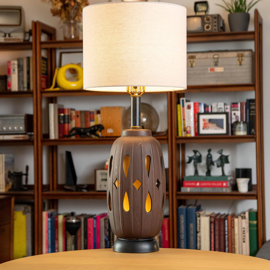 Vintage Honi Chilo Style Ceramic Wood with Inner Shade Dual-Bulb Brass Base and Accent Table Lamp | Mid Century