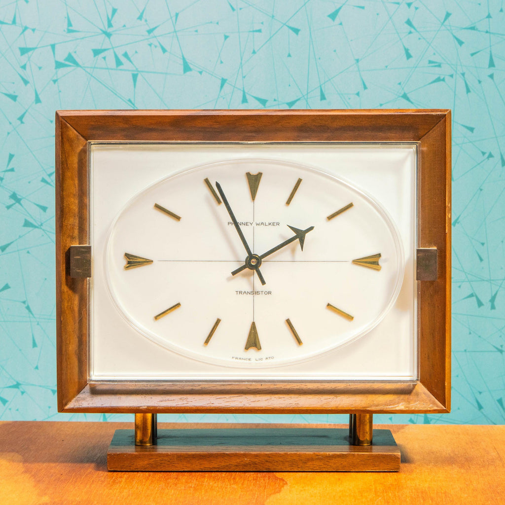 Vintage Phinney-Walker Wooden Desktop Clock with Brass Accents | Mid Century MCM