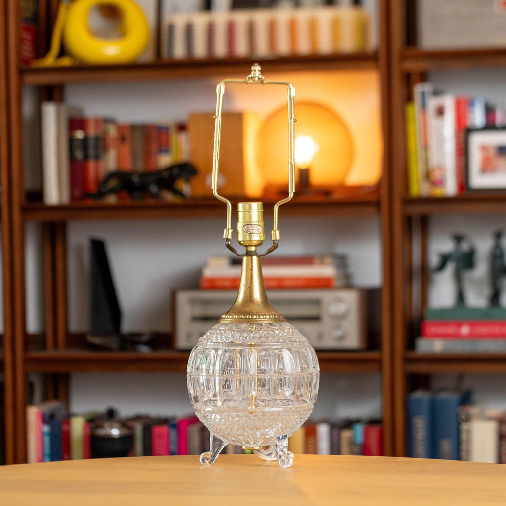 Vintage Crystal 3-Legged Lamp Brass and Glass with Harp and Finial | Mid Century