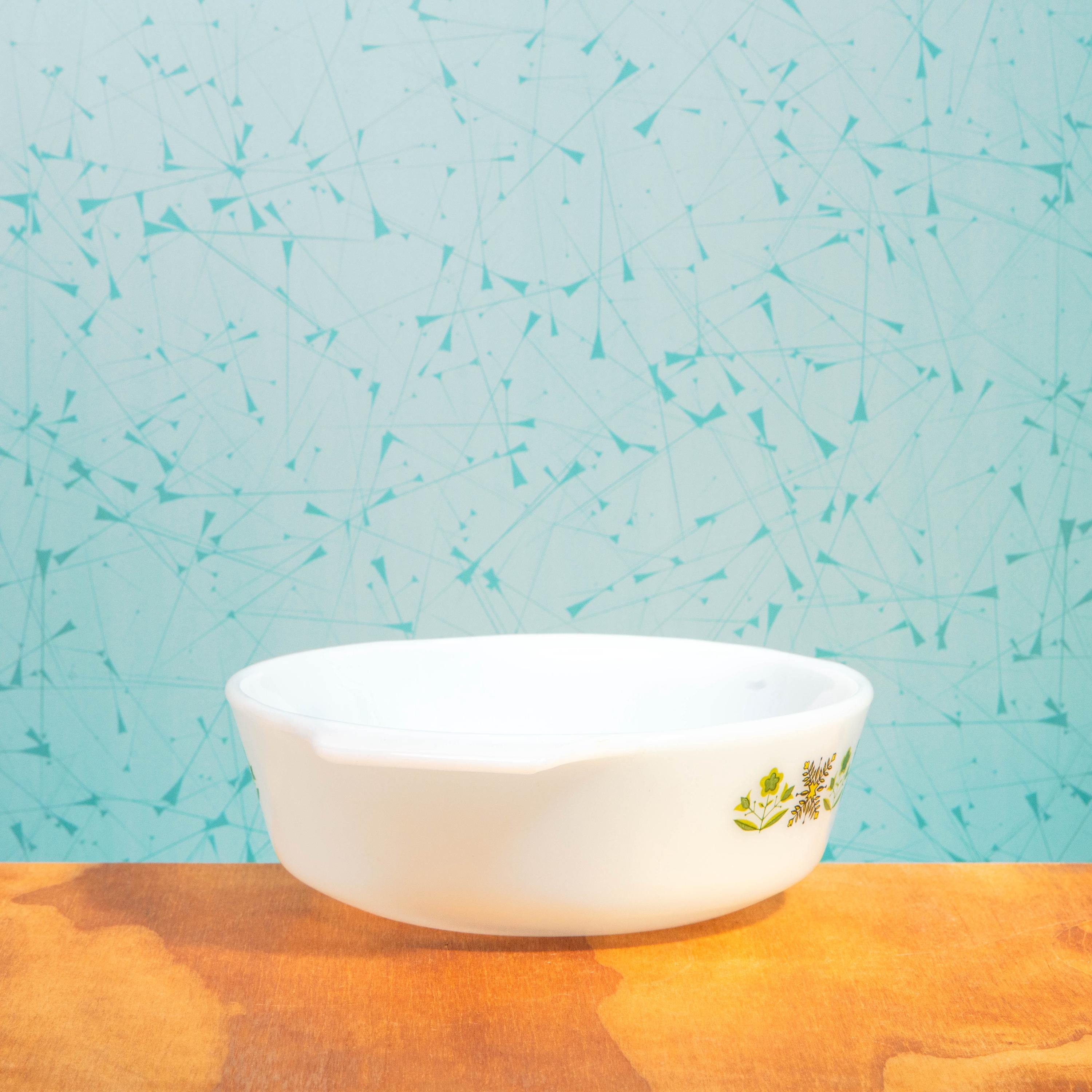 Vintage Anchor Hocking Fire King 436 1-Quart Milk Glass Meadow Green Pattern Baking Dish | Mid Century Bakeware