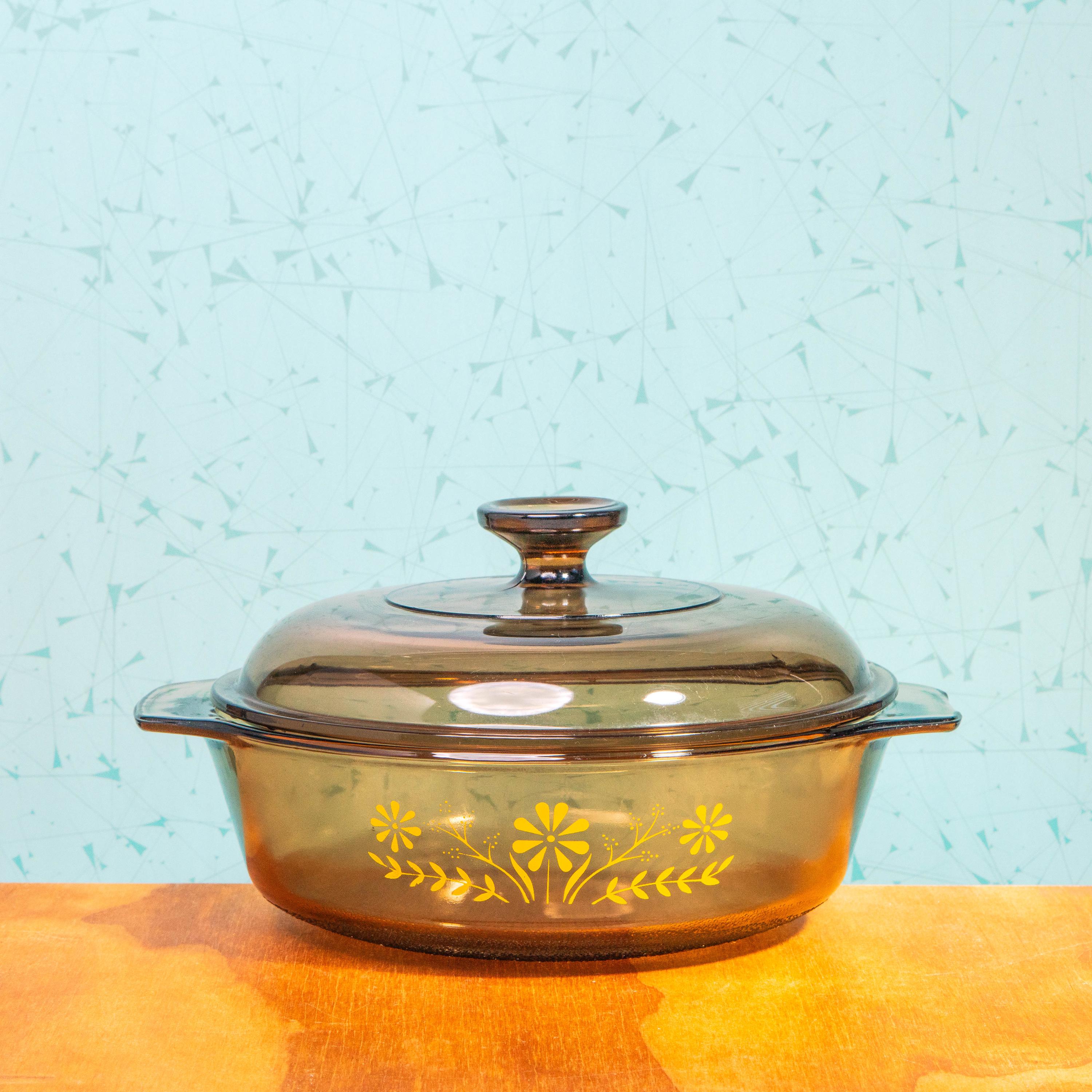 Vintage Glasbake Amber Glass Bowl with Floral Pattern and Pyrex V 2.5 C Lid | Mid Century Bakeware