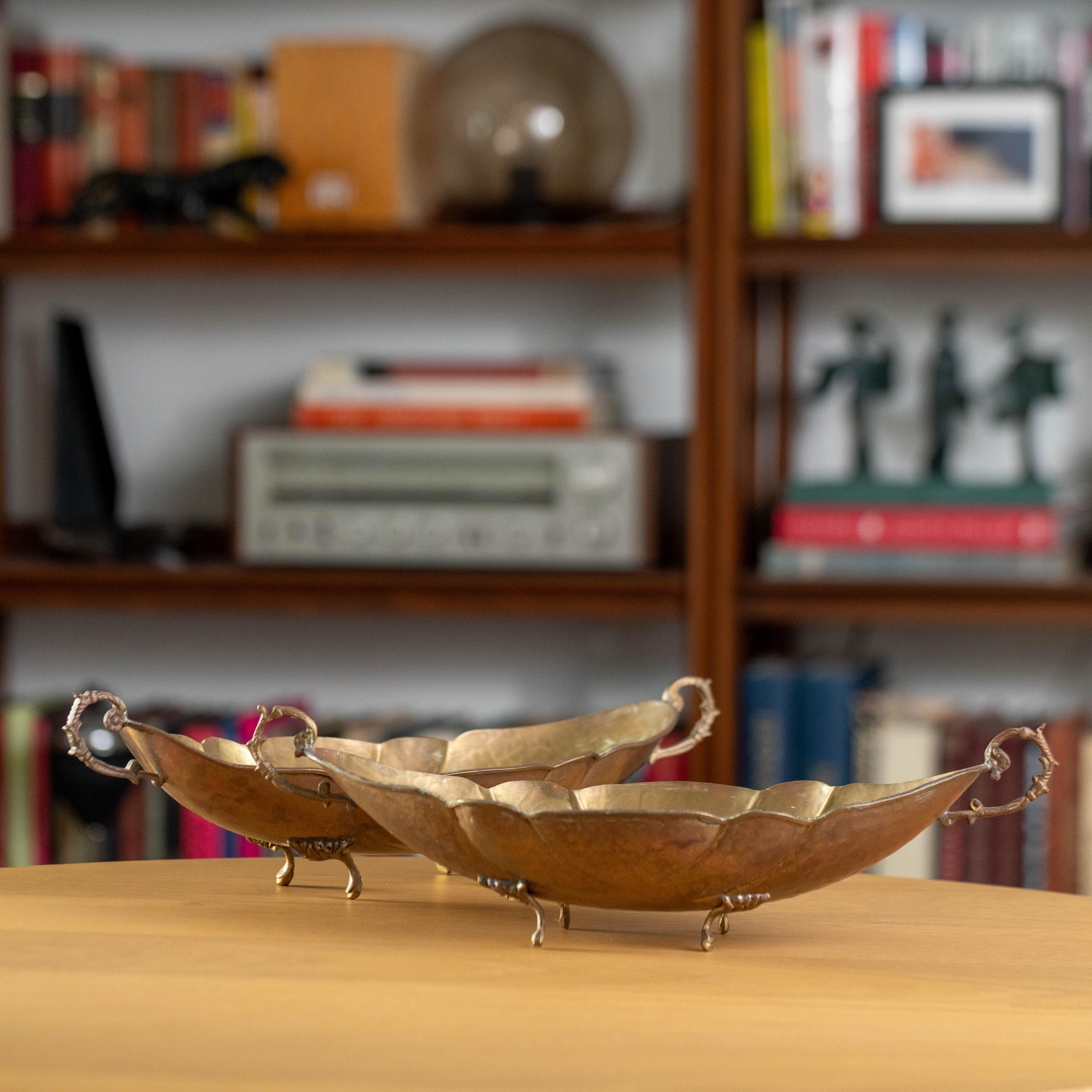 Set of Two Vintage Brass and Copper Decorative Metal Bowl Tray Catchalls | Mid Century Decor