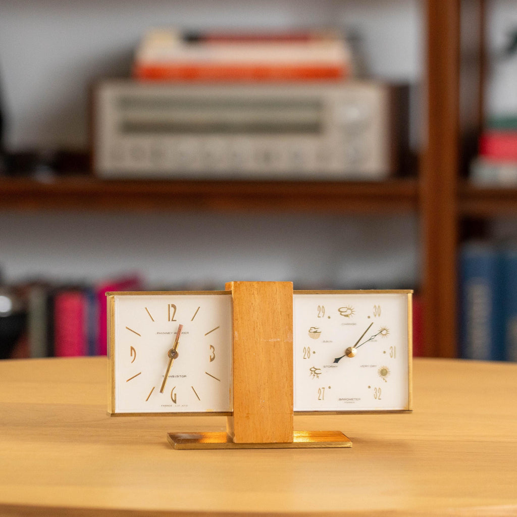 Vintage Phinney-Walker Brass and Wood Desktop Dual Clock and Barometer | Mid Century MCM