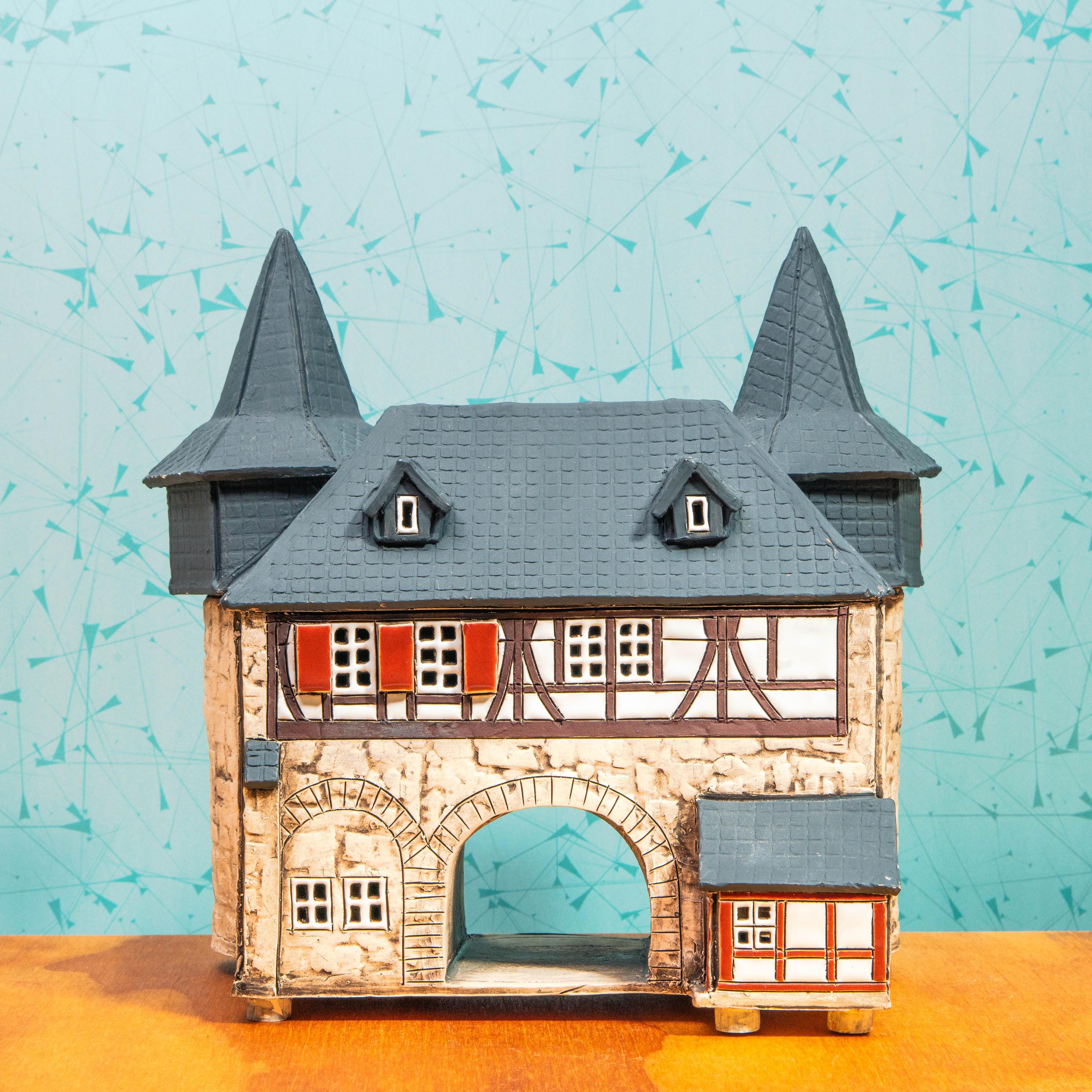 Vintage Gessner Handmade in Germany Miniature Ceramic Village Building Gate with Two Towers | Christmas Decoration