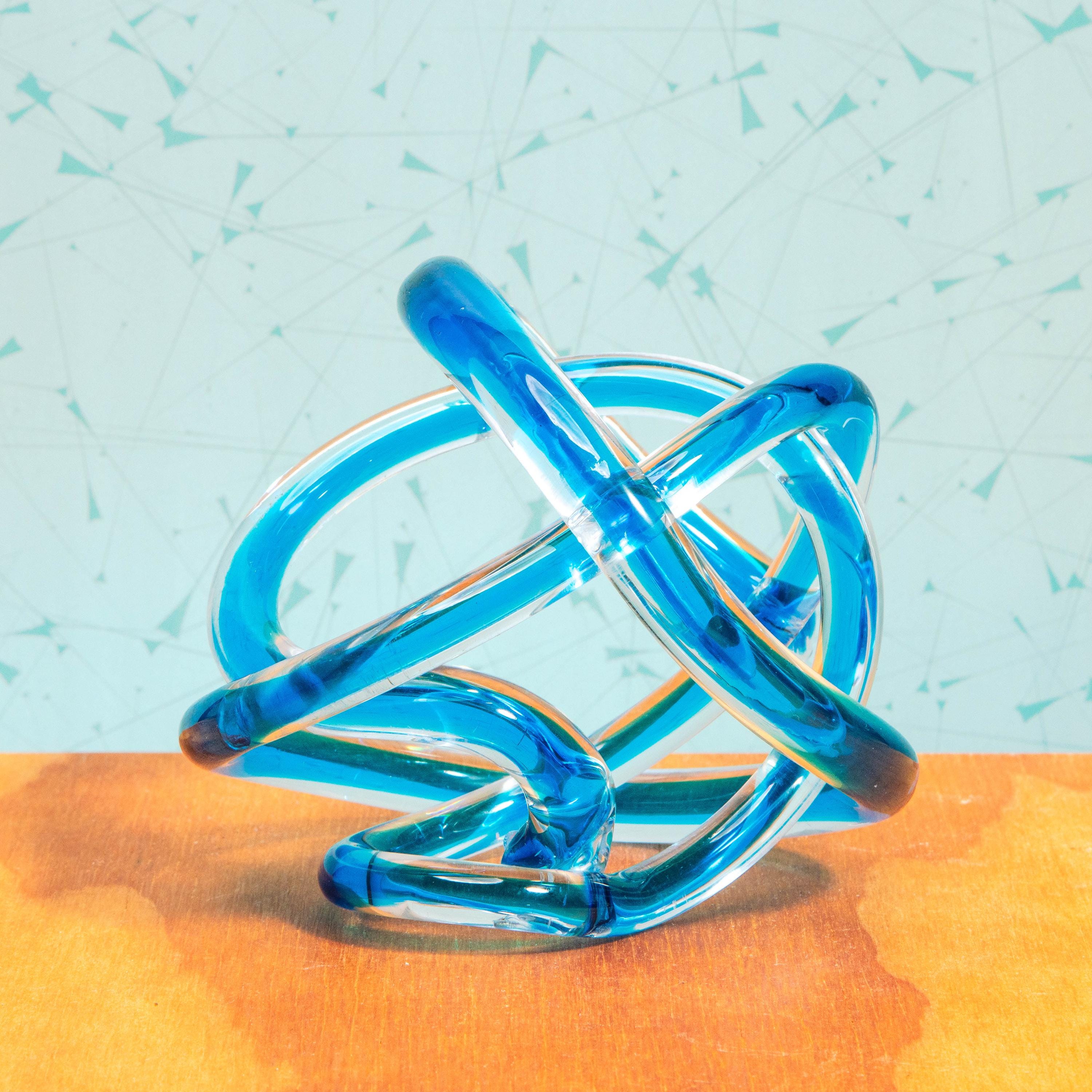 A Vintage Hand-Blown Art Glass Blue Murano Style Infinity Knot Sculpture | Mid Century Decor