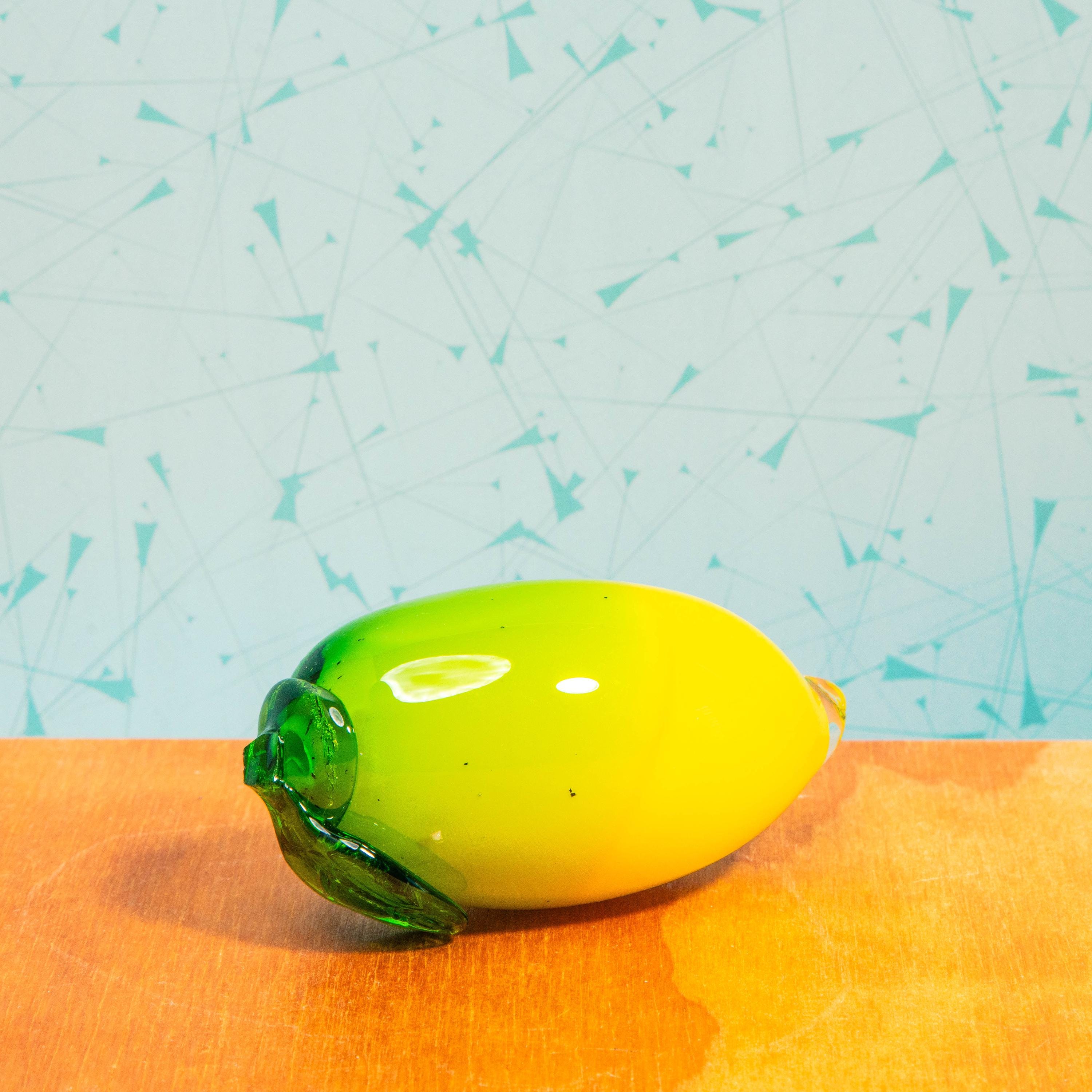 Vintage Set of Hand Blown Glass Fruit Sculptures | Includes 1 Lemon, 2 Green Apples, and 2 Green Bell Peppers