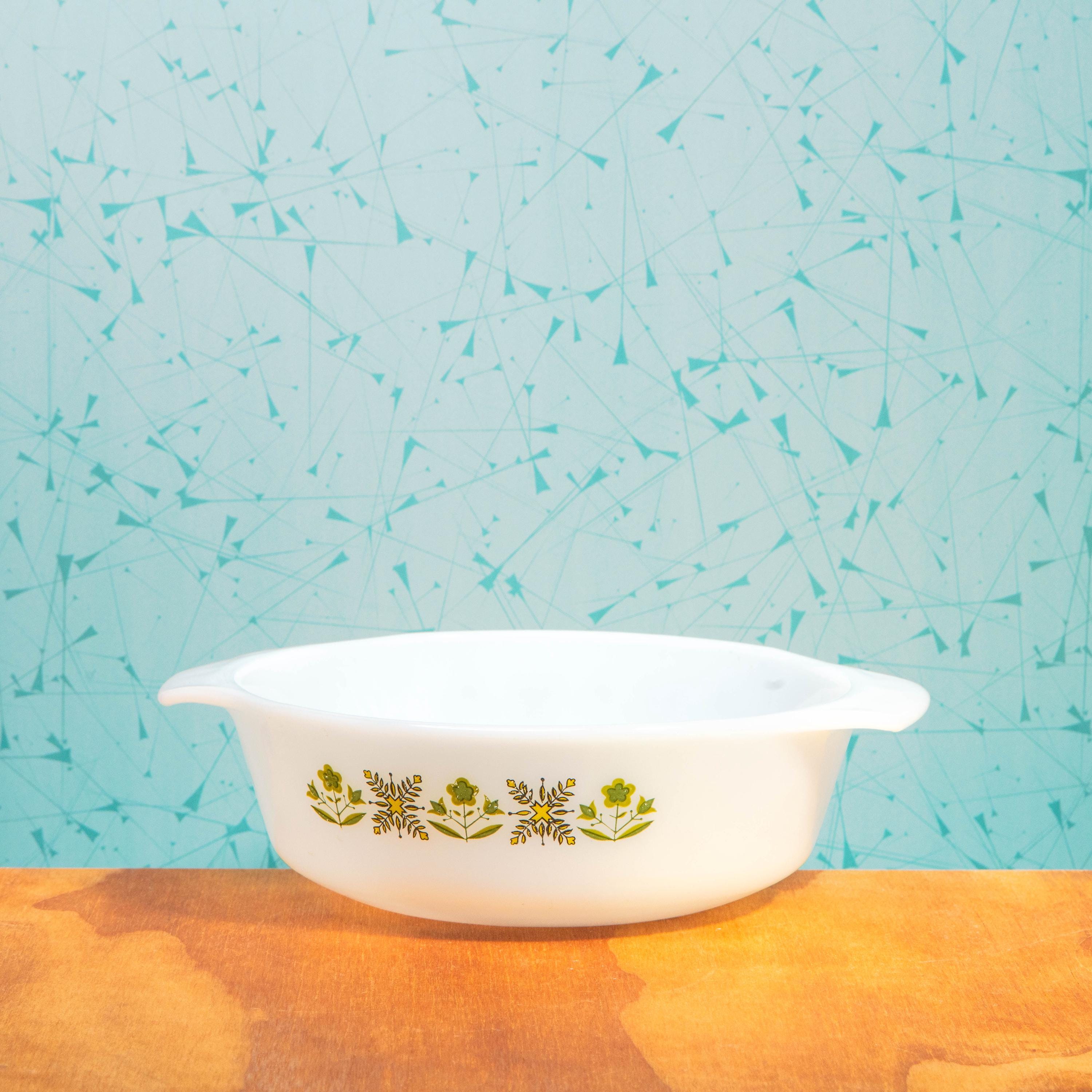 Vintage Anchor Hocking Fire King 436 1-Quart Milk Glass Meadow Green Pattern Baking Dish | Mid Century Bakeware