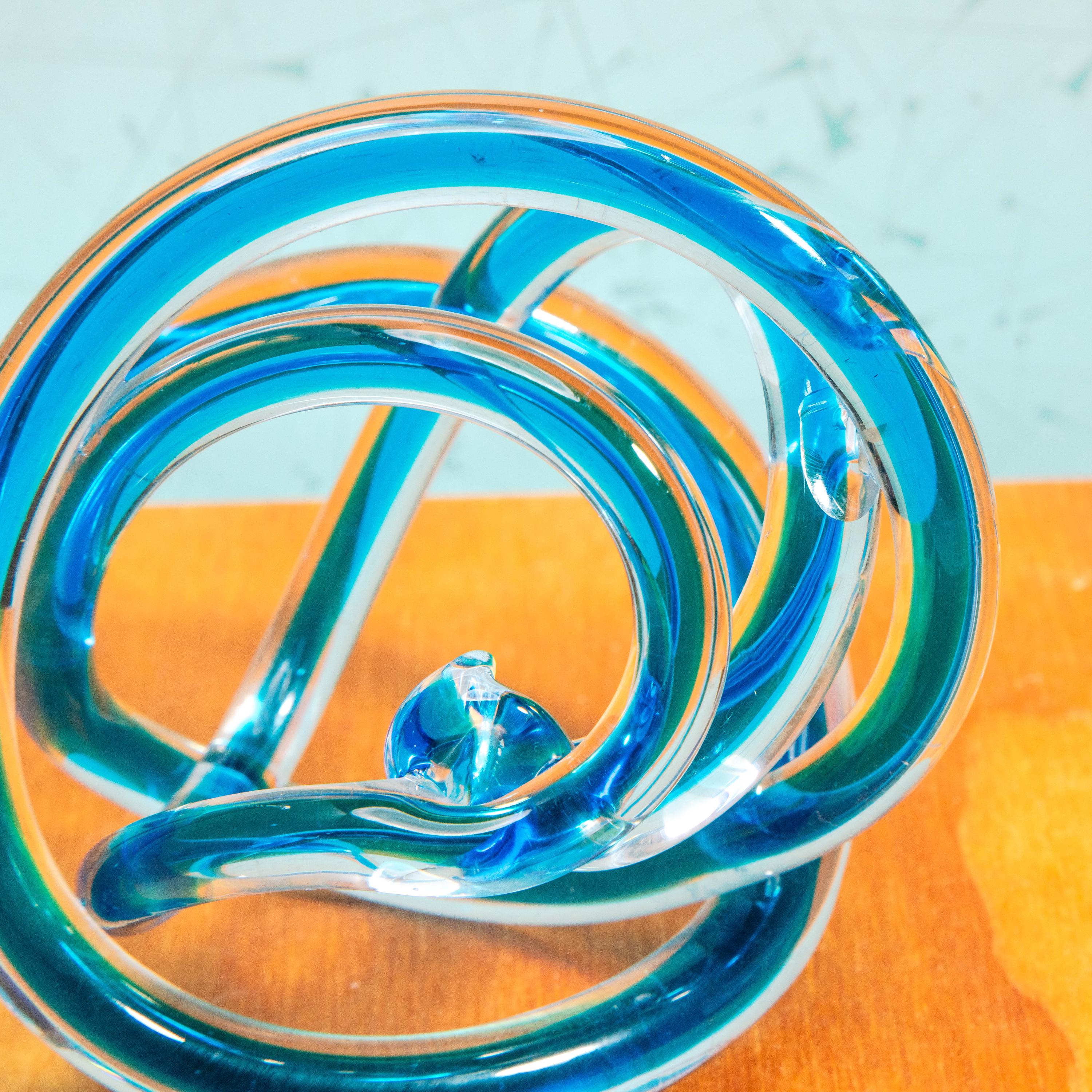 A Vintage Hand-Blown Art Glass Blue Murano Style Infinity Knot Sculpture | Mid Century Decor