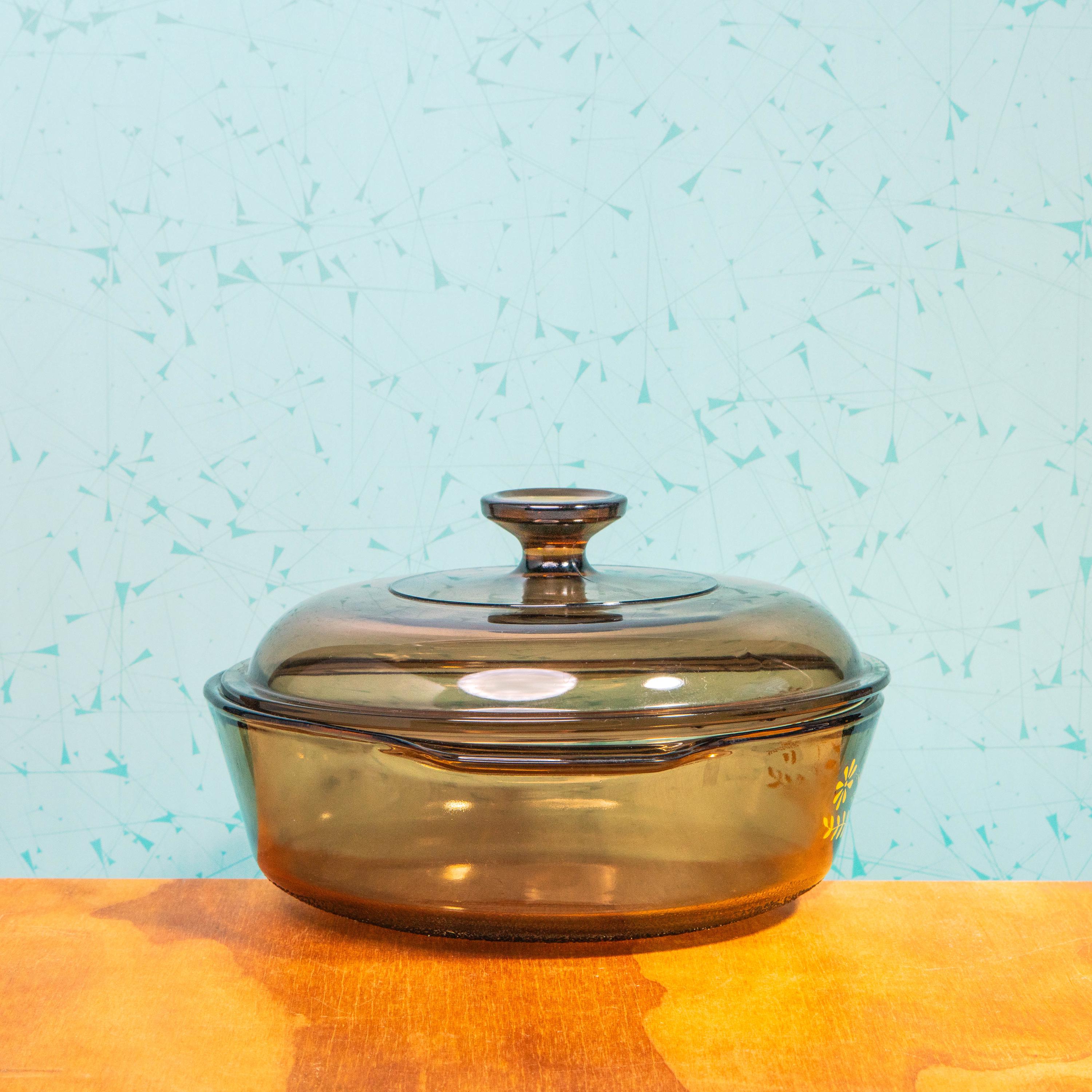 Vintage Glasbake Amber Glass Bowl with Floral Pattern and Pyrex V 2.5 C Lid | Mid Century Bakeware