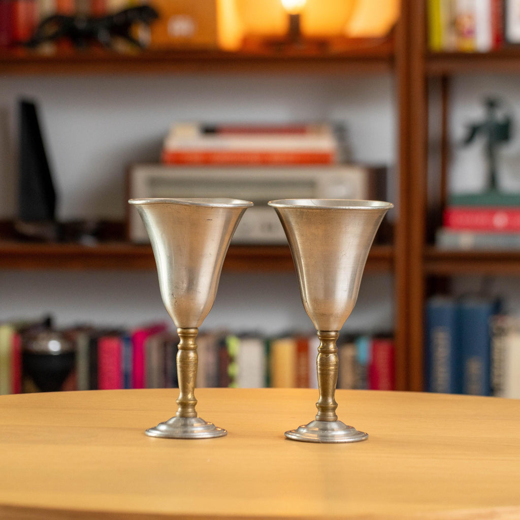 Vintage Pair of Hand Spun Brass and Pewter Wine Goblets by Jack Davis