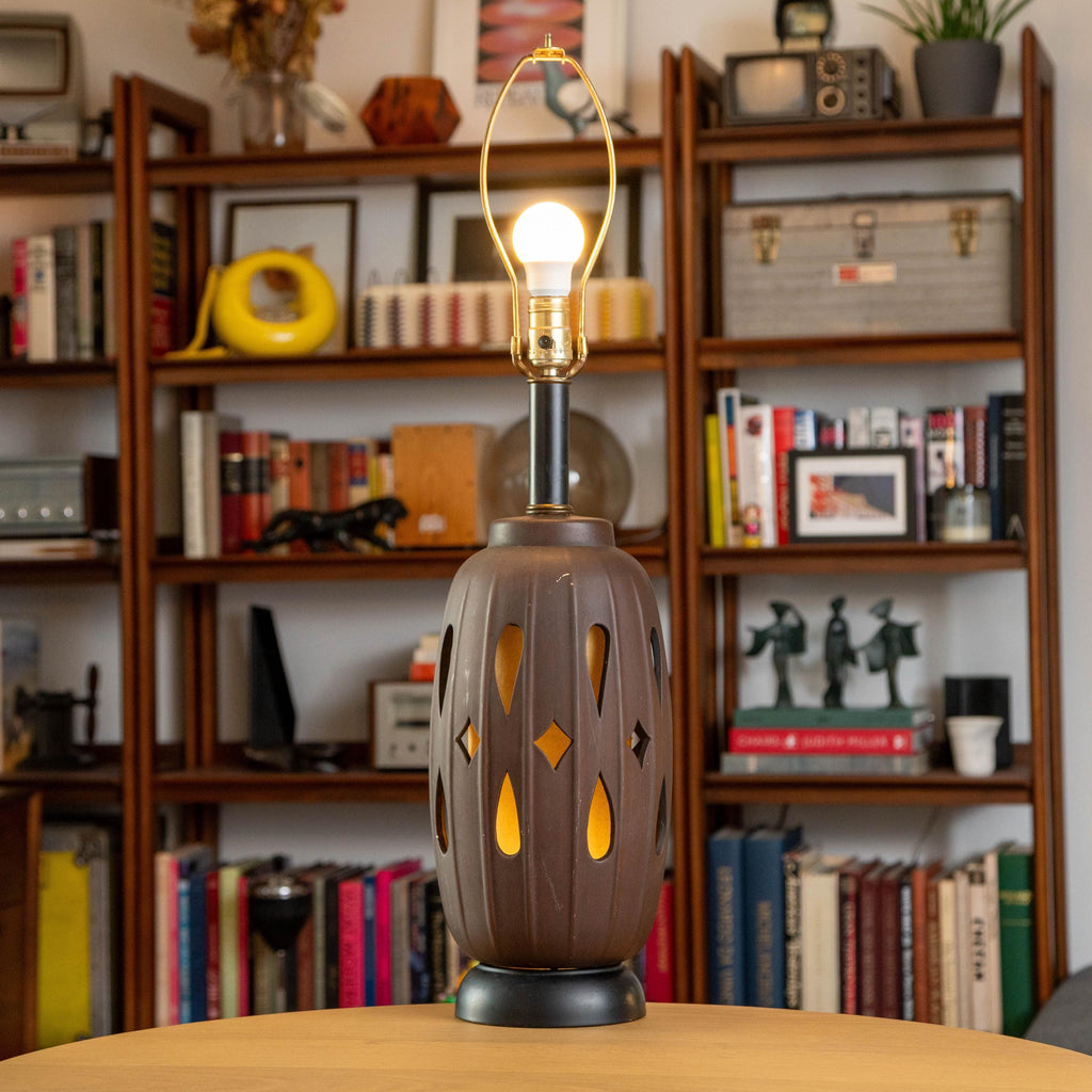 Vintage Honi Chilo Style Ceramic Wood with Inner Shade Dual-Bulb Brass Base and Accent Table Lamp | Mid Century