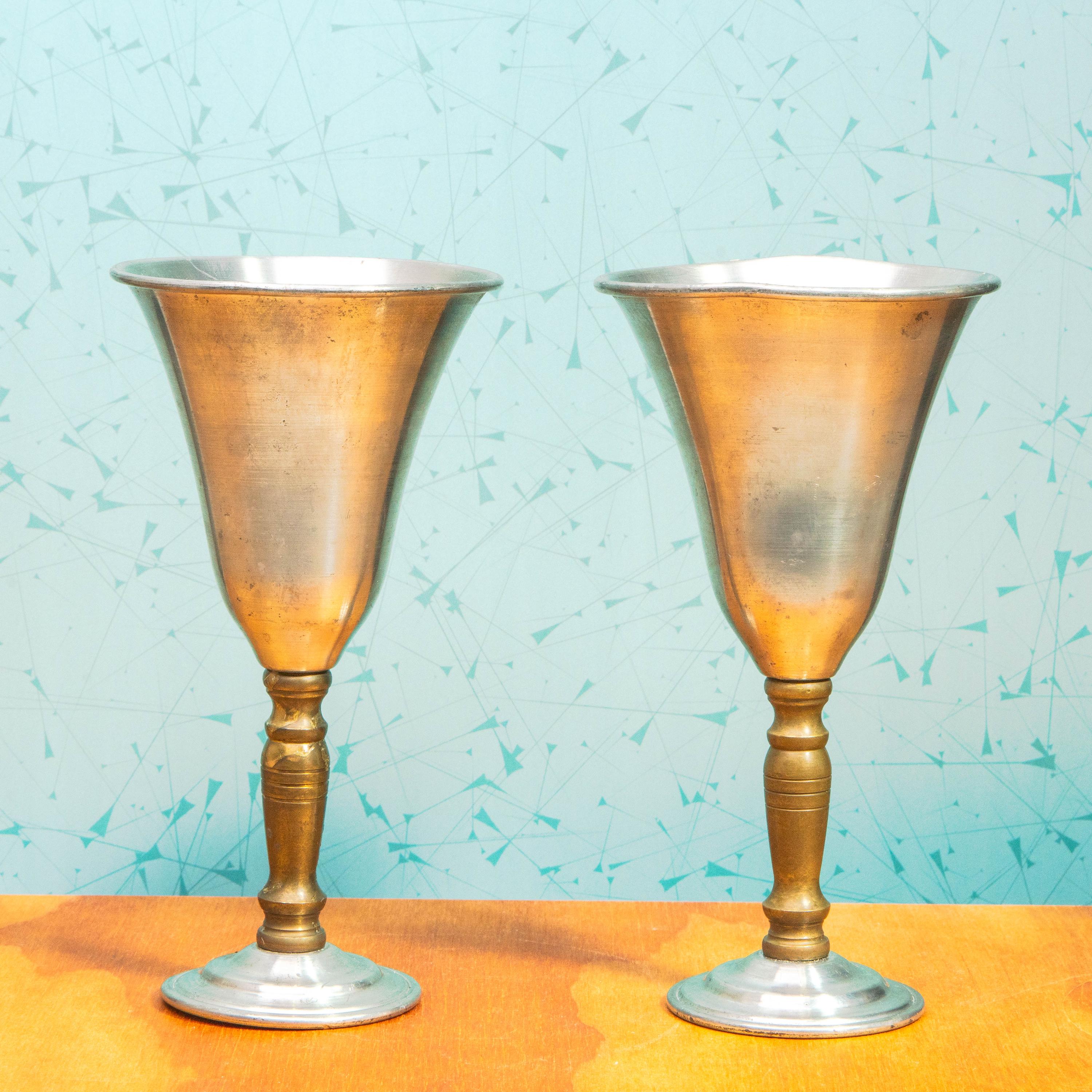 Vintage Pair of Hand Spun Brass and Pewter Wine Goblets by Jack Davis
