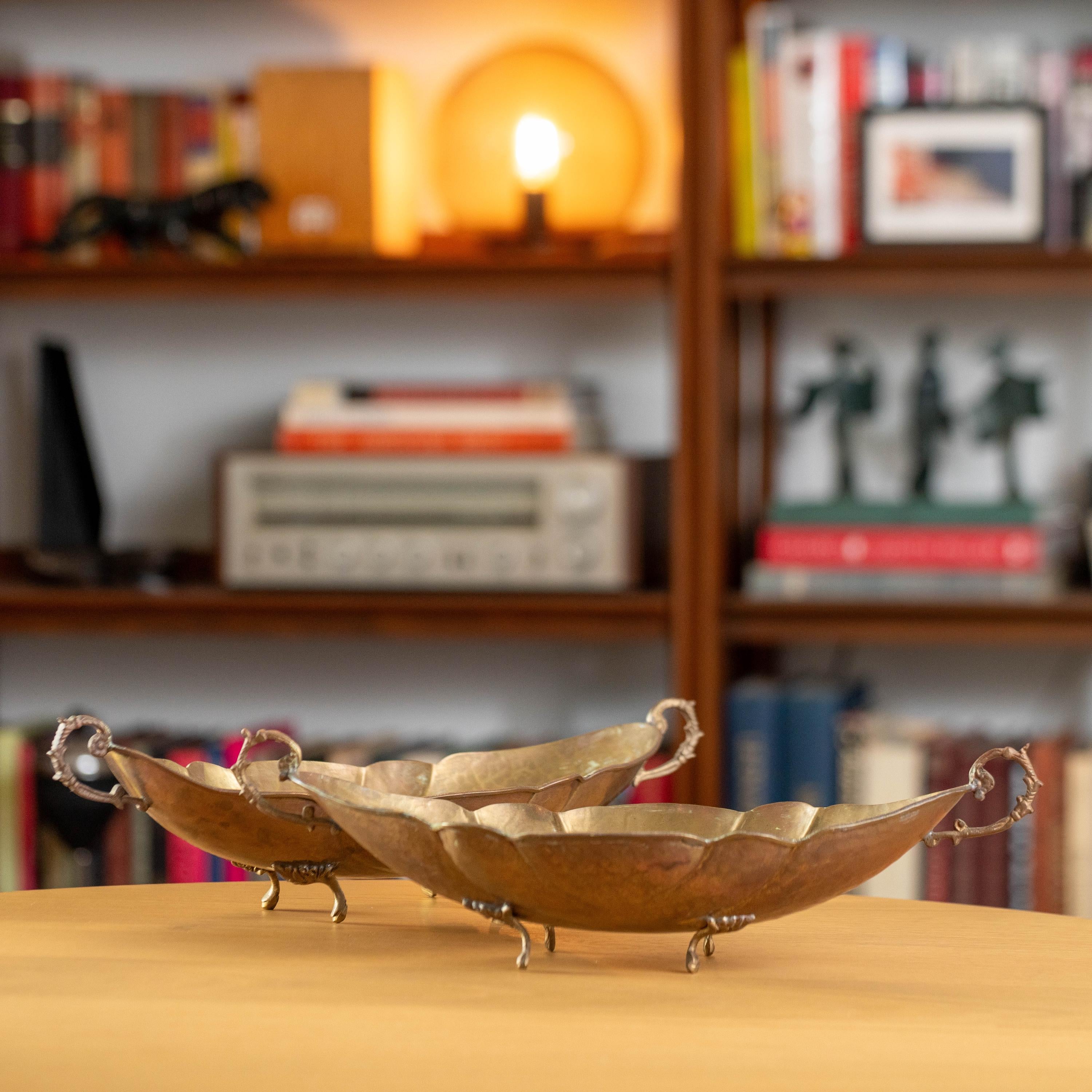 Set of Two Vintage Brass and Copper Decorative Metal Bowl Tray Catchalls | Mid Century Decor