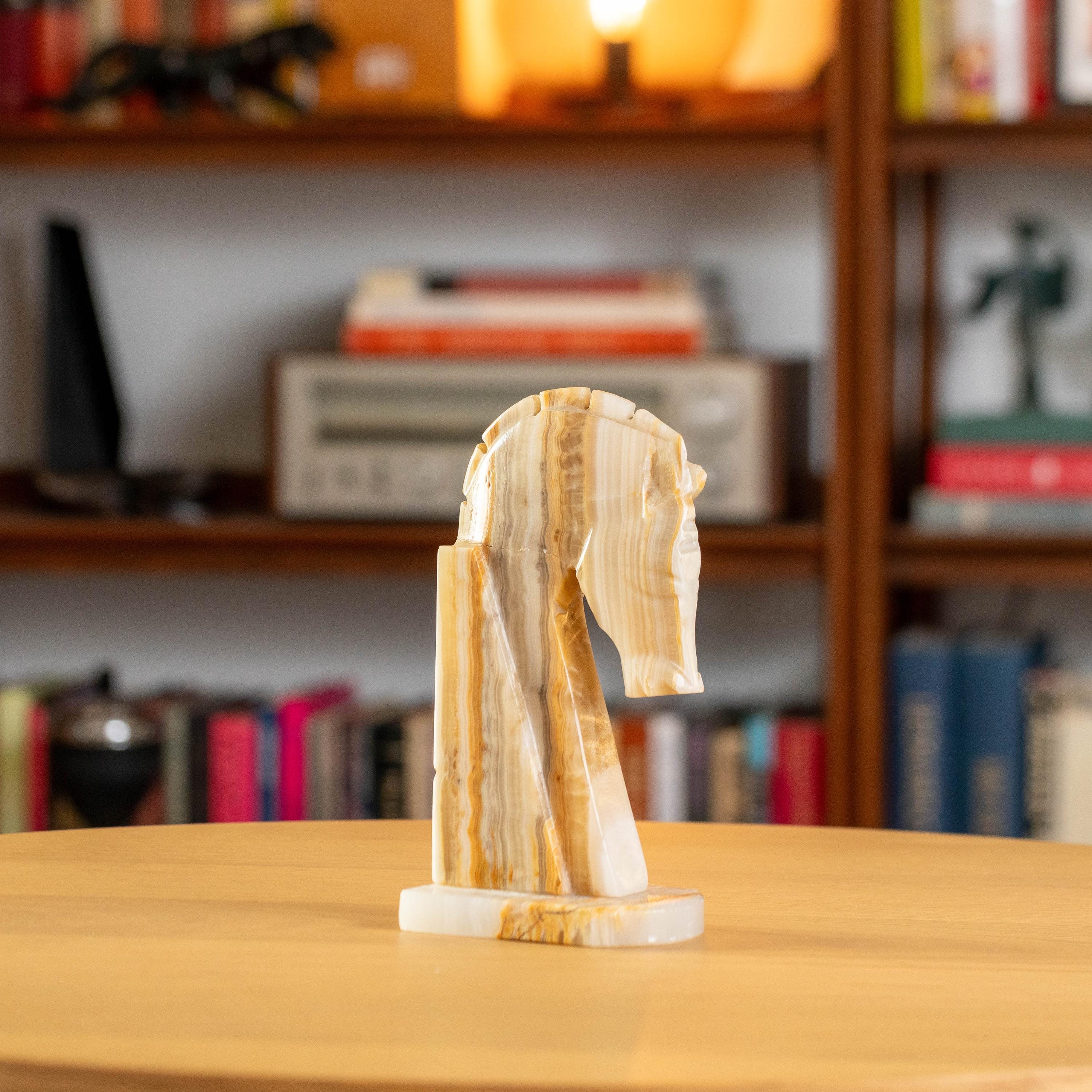 Vintage Onyx Horse Knight Chess Piece Book End | Mid Century Decor
