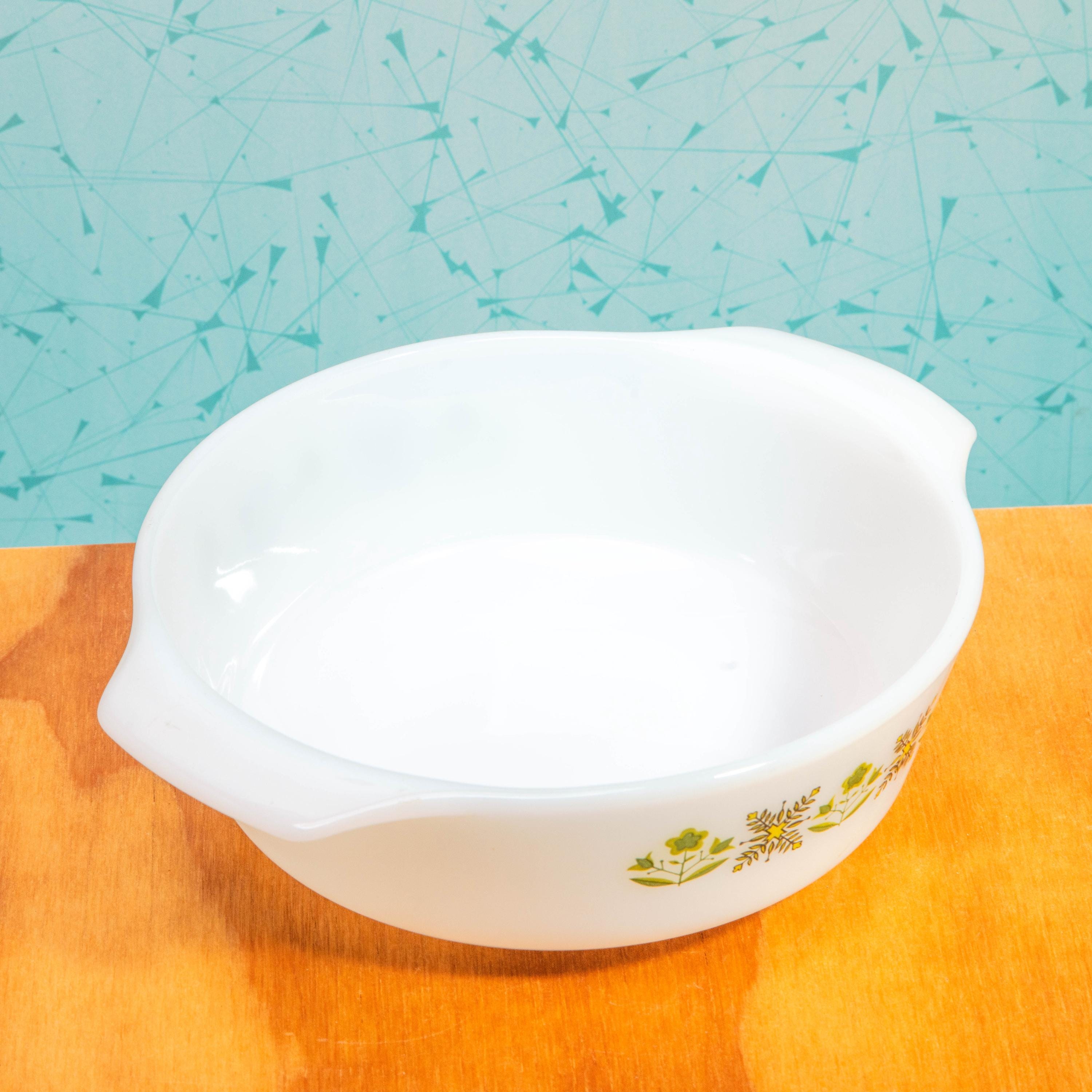 Vintage Anchor Hocking Fire King 436 1-Quart Milk Glass Meadow Green Pattern Baking Dish | Mid Century Bakeware