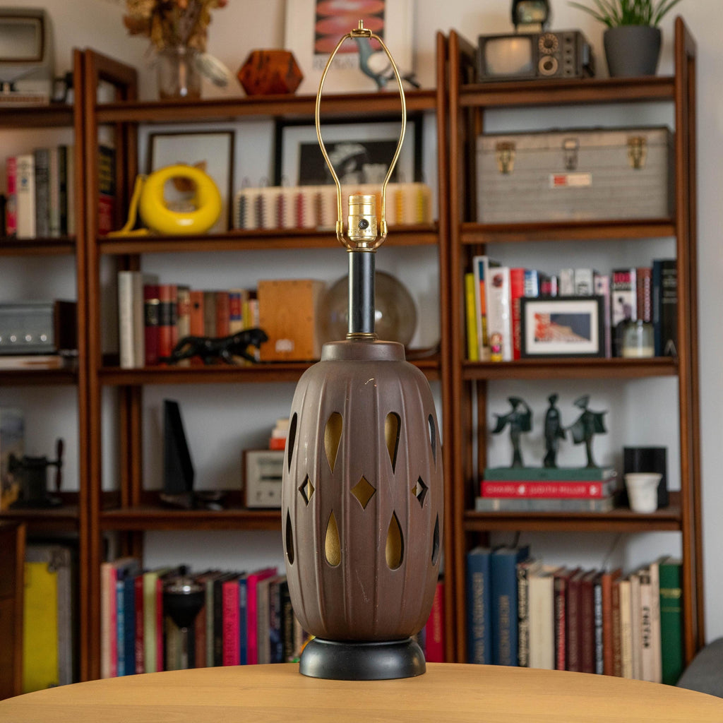 Vintage Honi Chilo Style Ceramic Wood with Inner Shade Dual-Bulb Brass Base and Accent Table Lamp | Mid Century