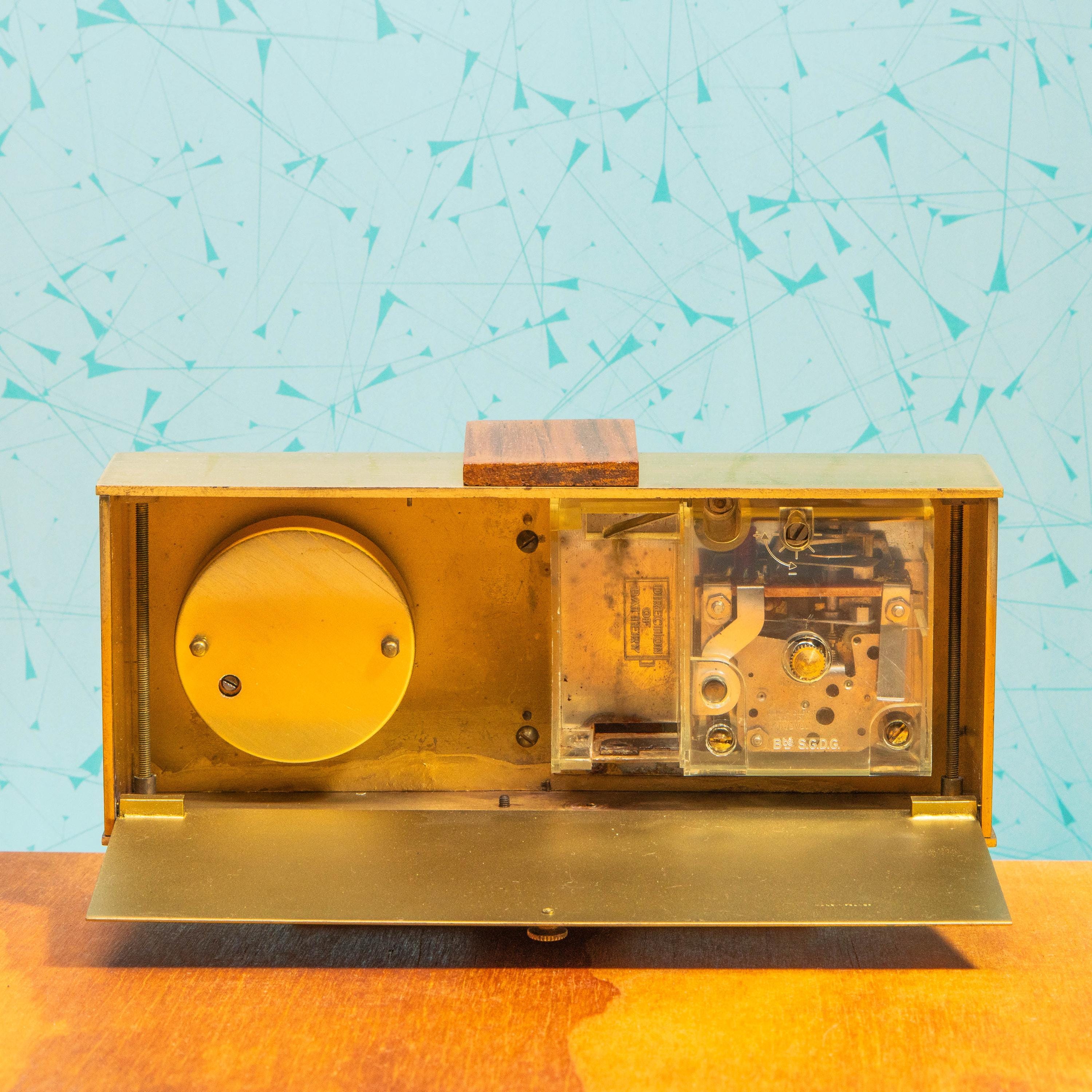 Vintage Phinney-Walker Brass and Wood Desktop Dual Clock and Barometer | Mid Century MCM