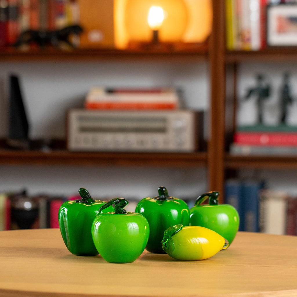 Vintage Set of Hand Blown Glass Fruit Sculptures | Includes 1 Lemon, 2 Green Apples, and 2 Green Bell Peppers