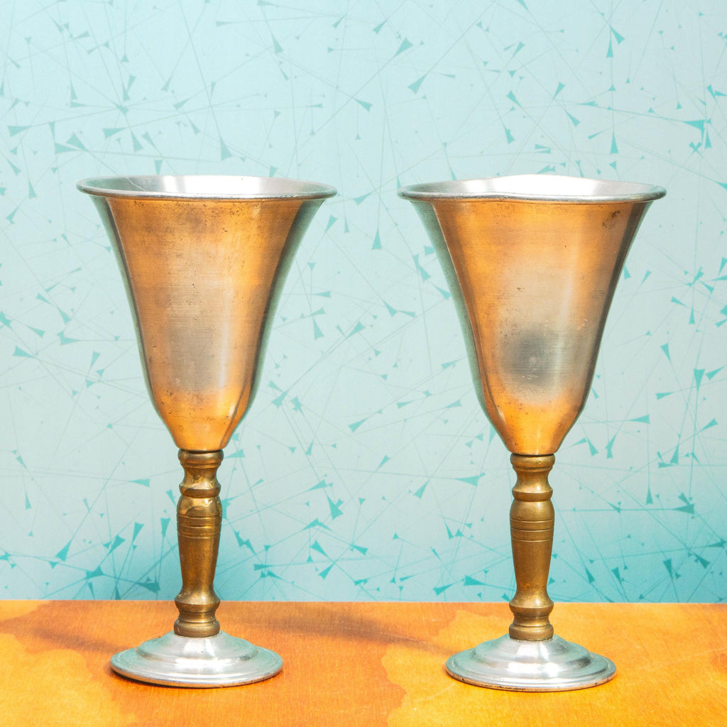 Vintage Pair of Hand Spun Brass and Pewter Wine Goblets by Jack Davis