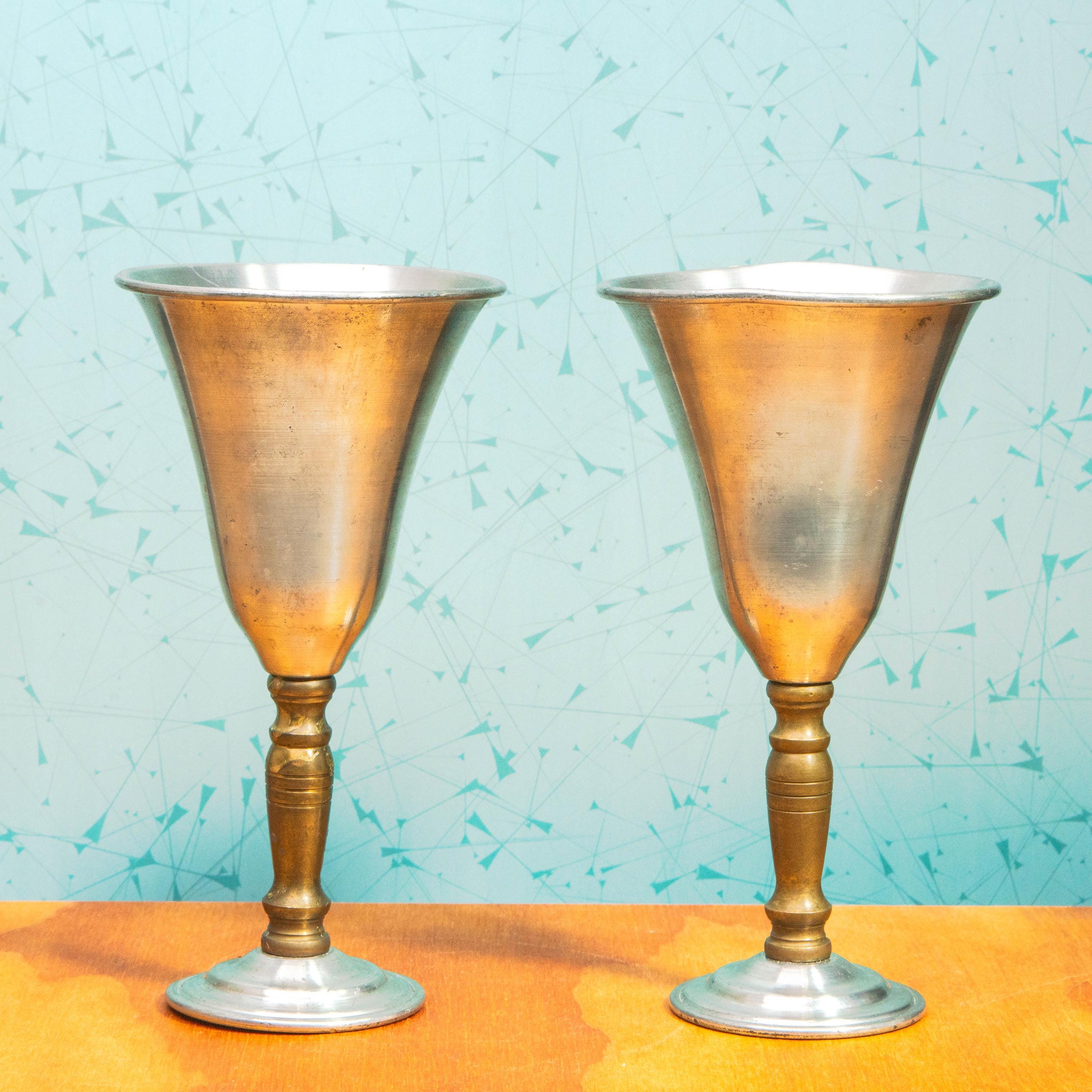 Vintage Pair of Hand Spun Brass and Pewter Wine Goblets by Jack Davis