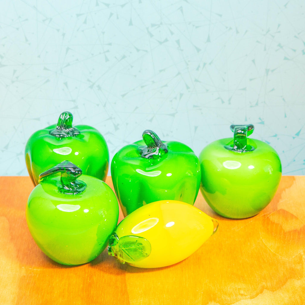 Vintage Set of Hand Blown Glass Fruit Sculptures | Includes 1 Lemon, 2 Green Apples, and 2 Green Bell Peppers
