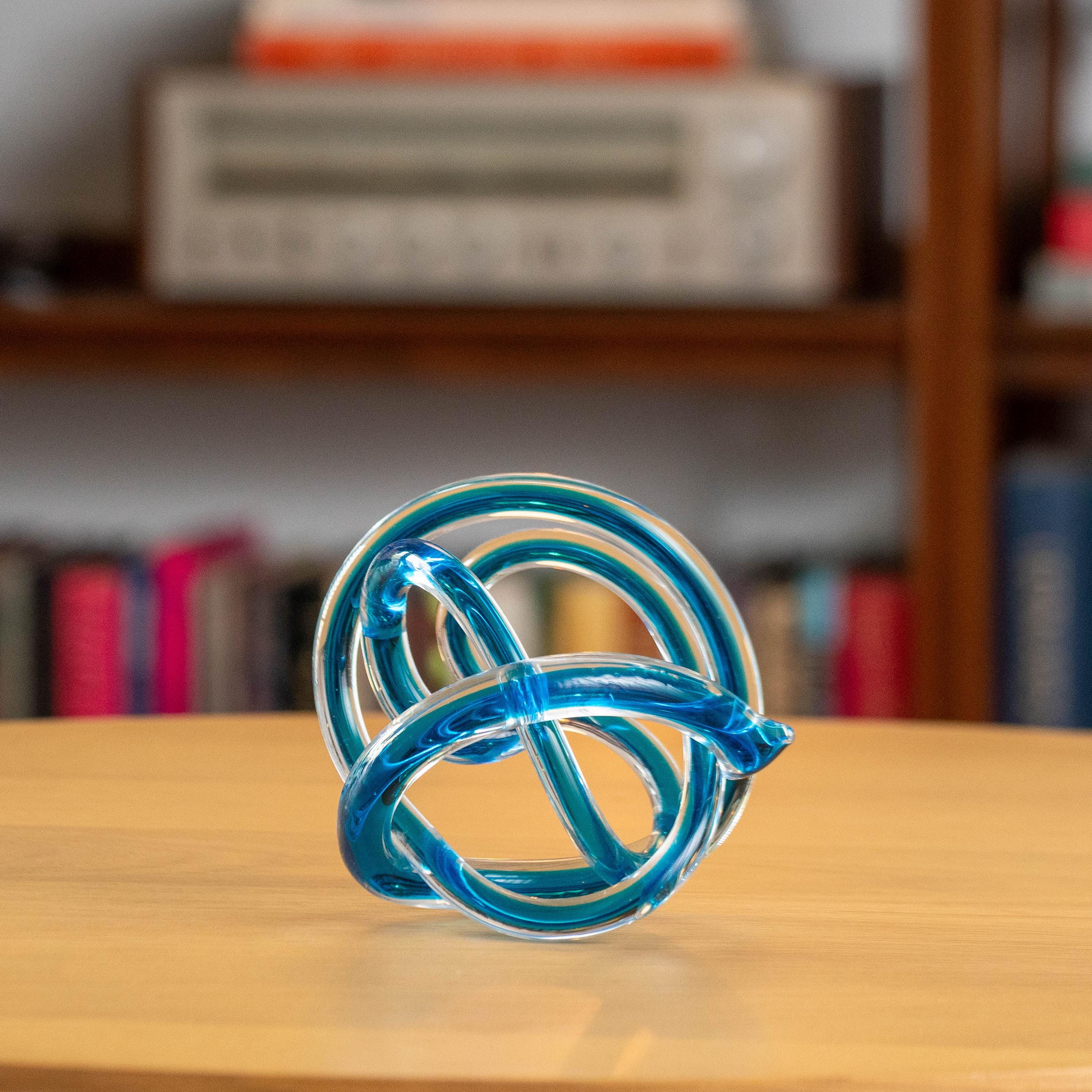 A Vintage Hand-Blown Art Glass Blue Murano Style Infinity Knot Sculpture | Mid Century Decor