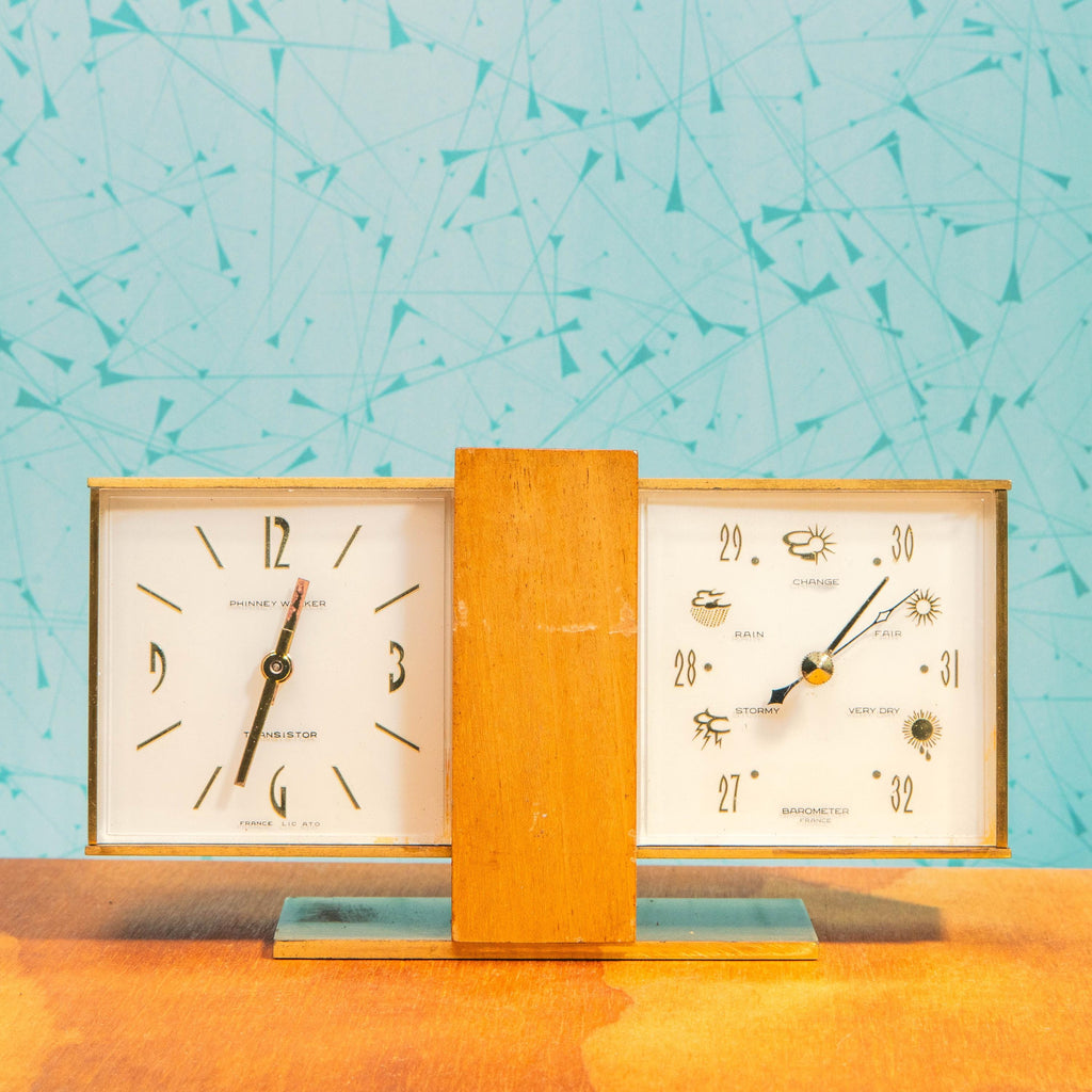 Vintage Phinney-Walker Brass and Wood Desktop Dual Clock and Barometer | Mid Century MCM
