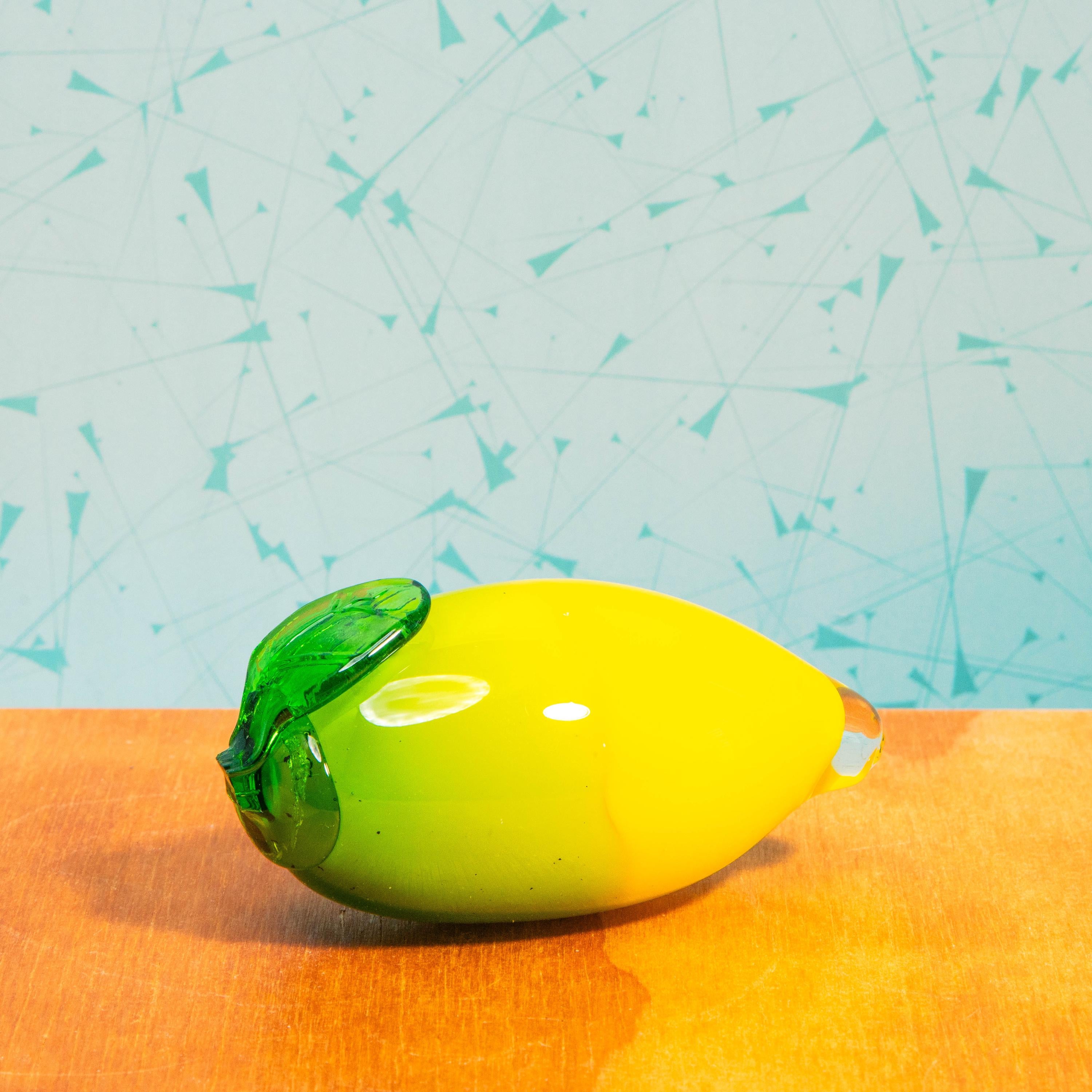 Vintage Set of Hand Blown Glass Fruit Sculptures | Includes 1 Lemon, 2 Green Apples, and 2 Green Bell Peppers