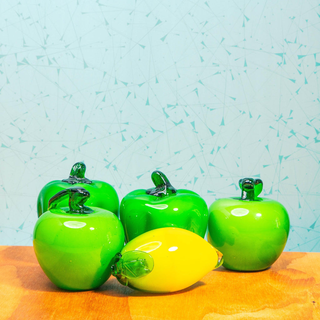 Vintage Set of Hand Blown Glass Fruit Sculptures | Includes 1 Lemon, 2 Green Apples, and 2 Green Bell Peppers